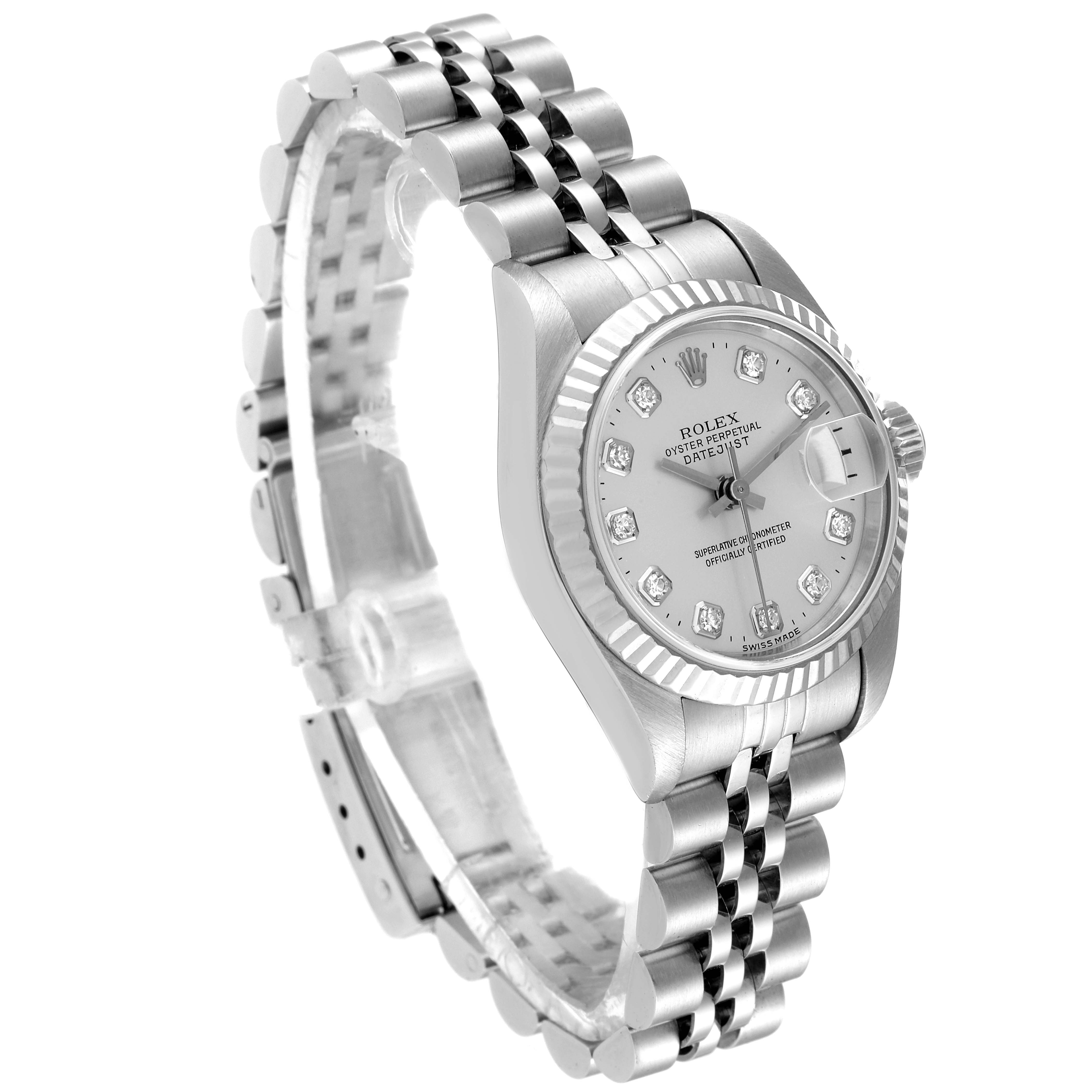 This image shows a side angle of the Rolex Datejust 69174 Women
s Stainless Steel Silver Dial 69174 Women
s Stainless Steel Silver Dial watch, highlighting its dial, bezel, case, and bracelet.