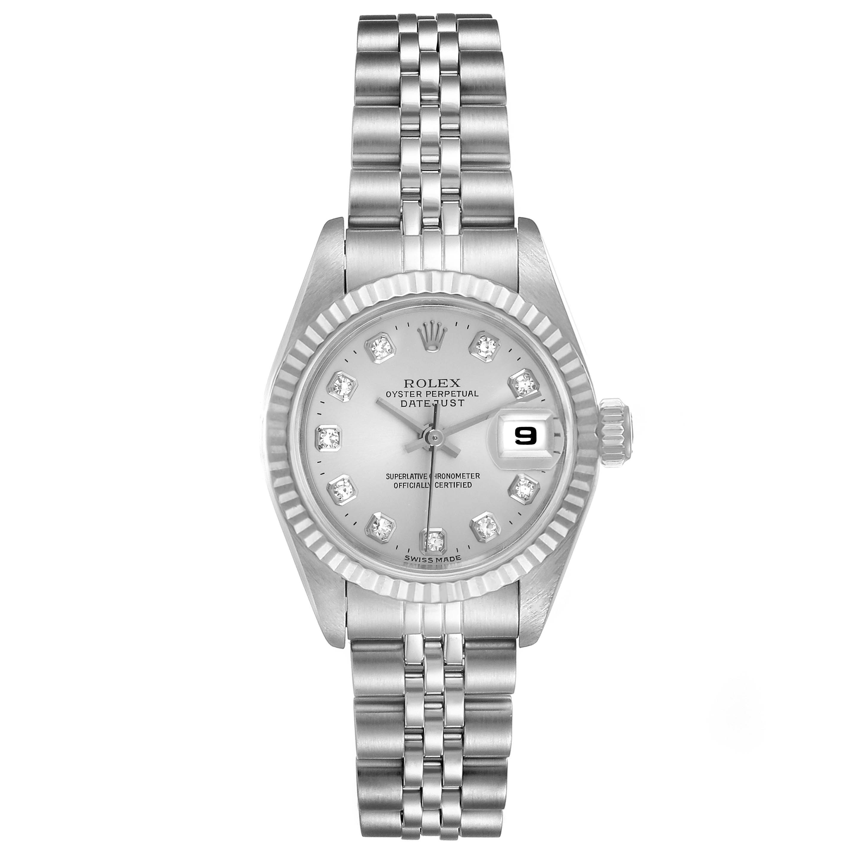 This image shows a Rolex Datejust 69174 Women
s Stainless Steel Silver Dial 69174 Women
s Stainless Steel Silver Dial watch from a front angle, highlighting its bezel, dial, hands, date window, and bracelet.