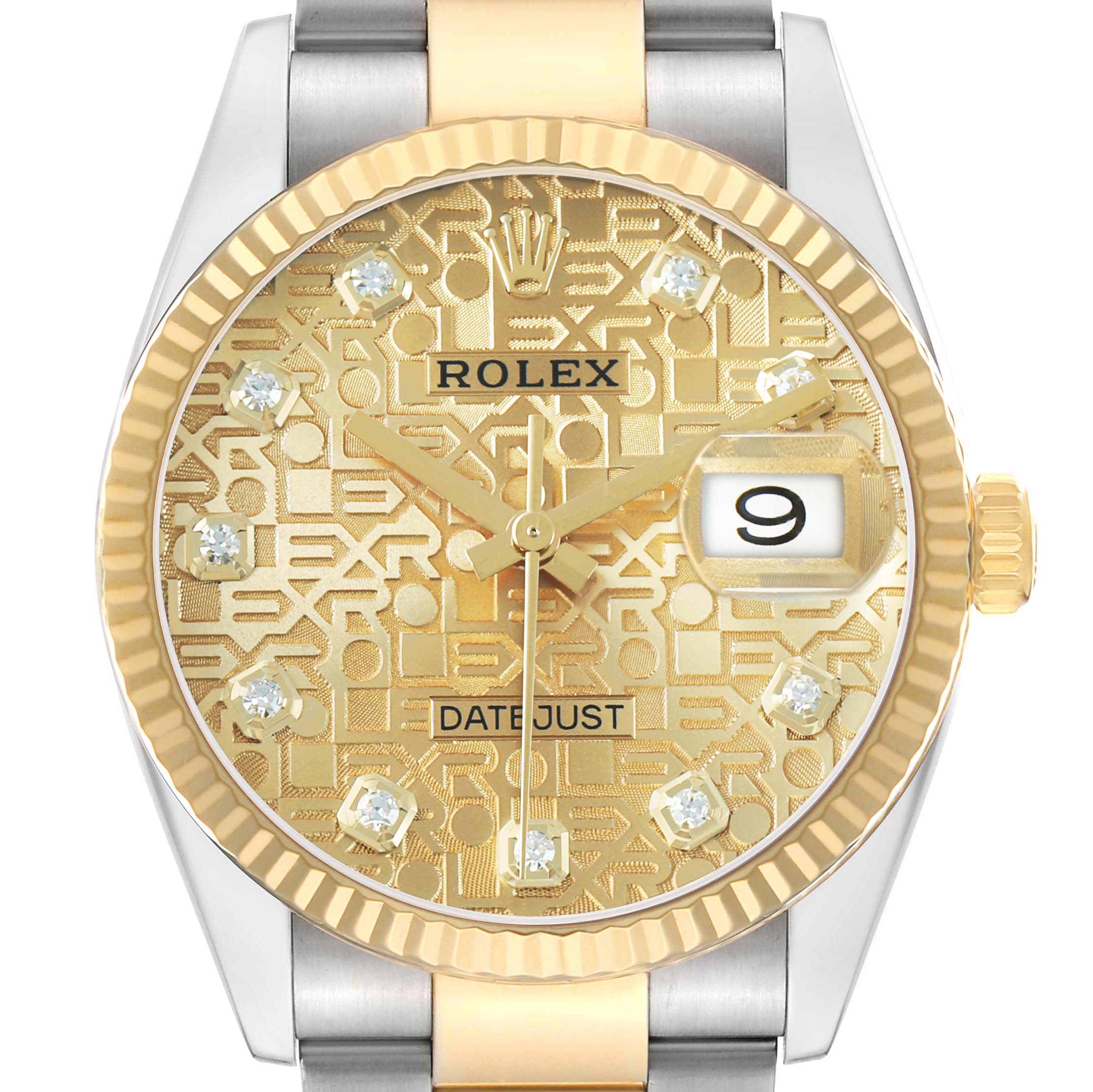 The Rolex Datejust 126233 Men's Steel and Gold (two tone) Champagne Dial watch is shown from the front, highlighting the dial, bezel, and part of the bracelet.