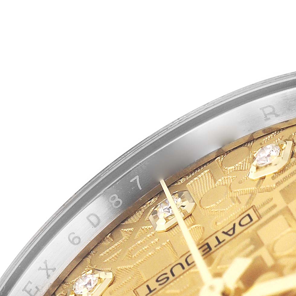 The image shows a close-up of the dial and bezel of a Rolex Datejust 126233 Men's Steel and Gold (two tone) Champagne Dial, highlighting the gold face and diamond markers.