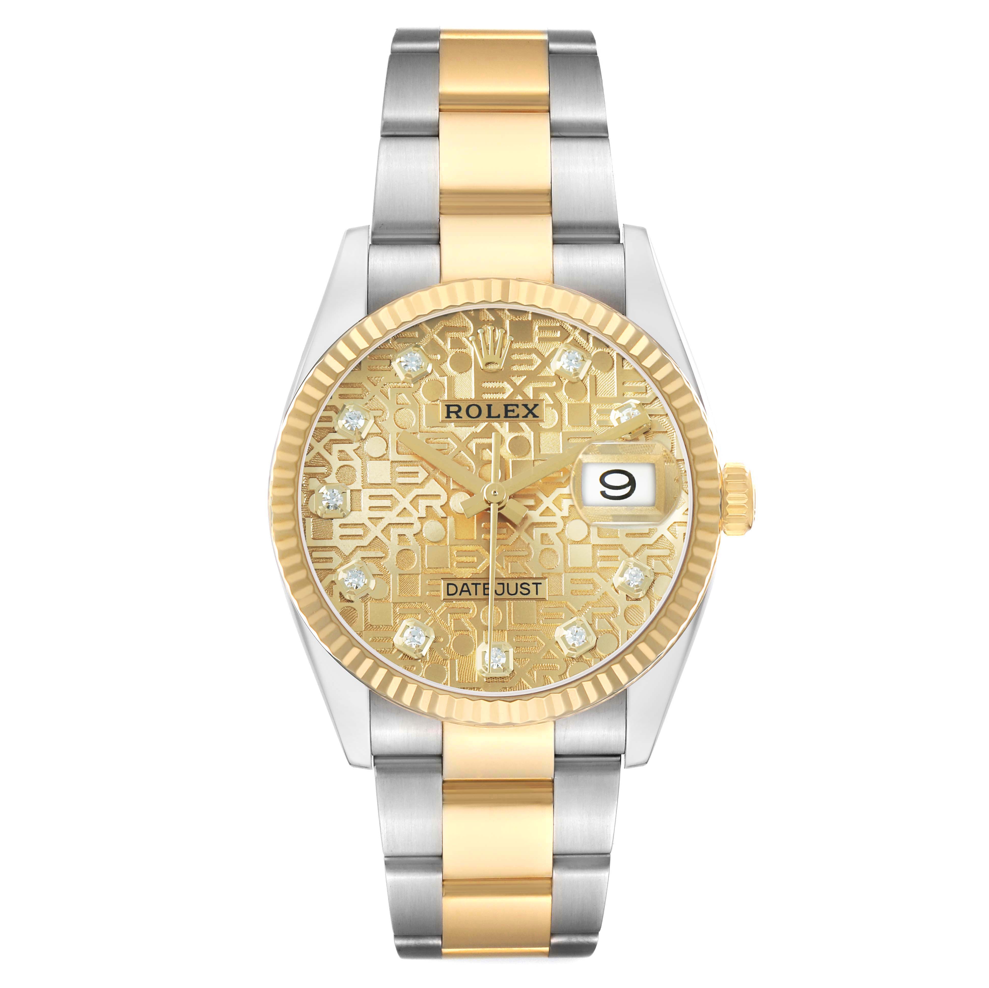 The Rolex Datejust 126233 Men's Steel and Gold (two tone) Champagne Dial watch is shown from a top-down angle, displaying the dial, bezel, and bracelet.