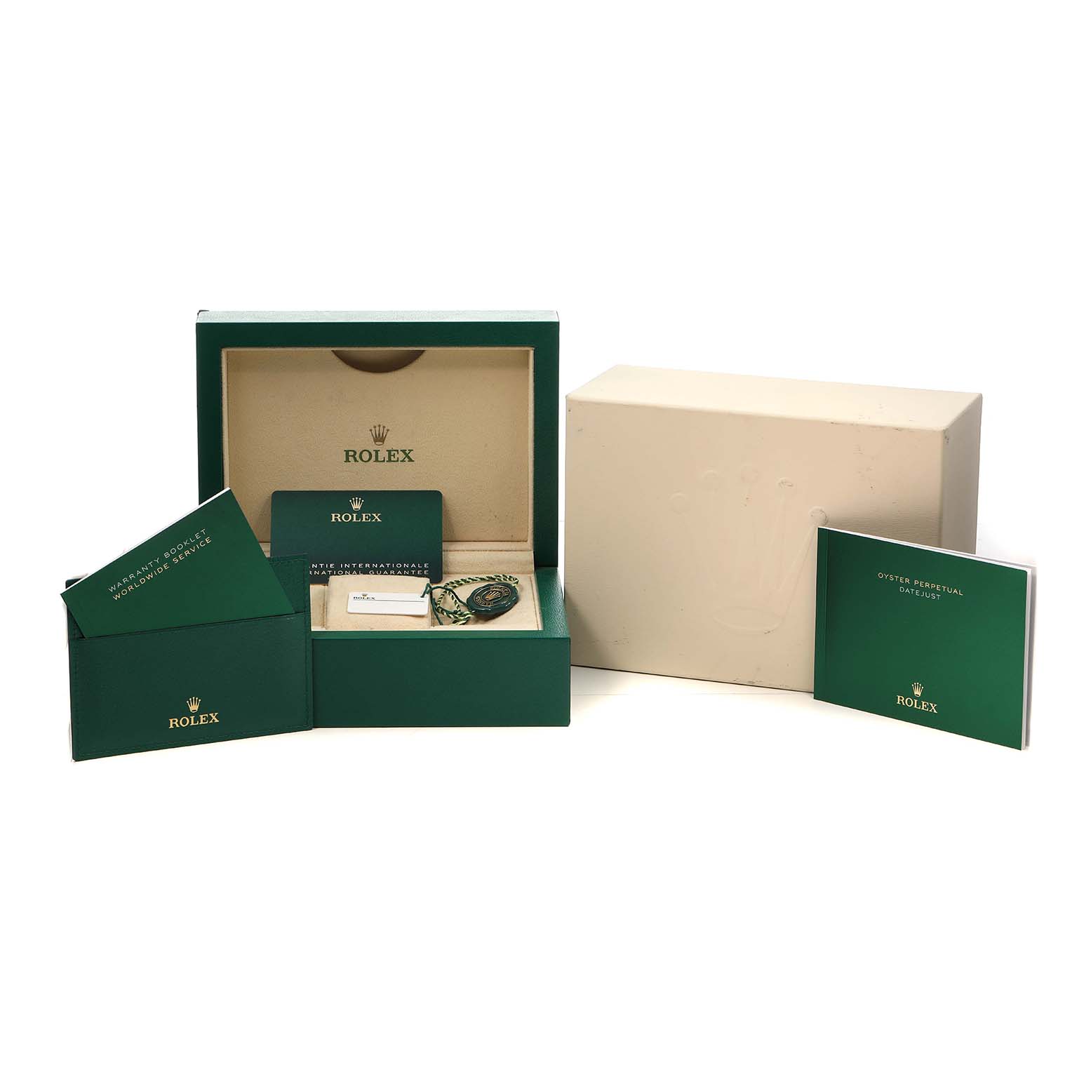 The image shows watch accessories for a Rolex Datejust 126233 Men's Steel and Gold (two tone) Champagne Dial, including a green box, warranty card, tags, and instruction manuals.