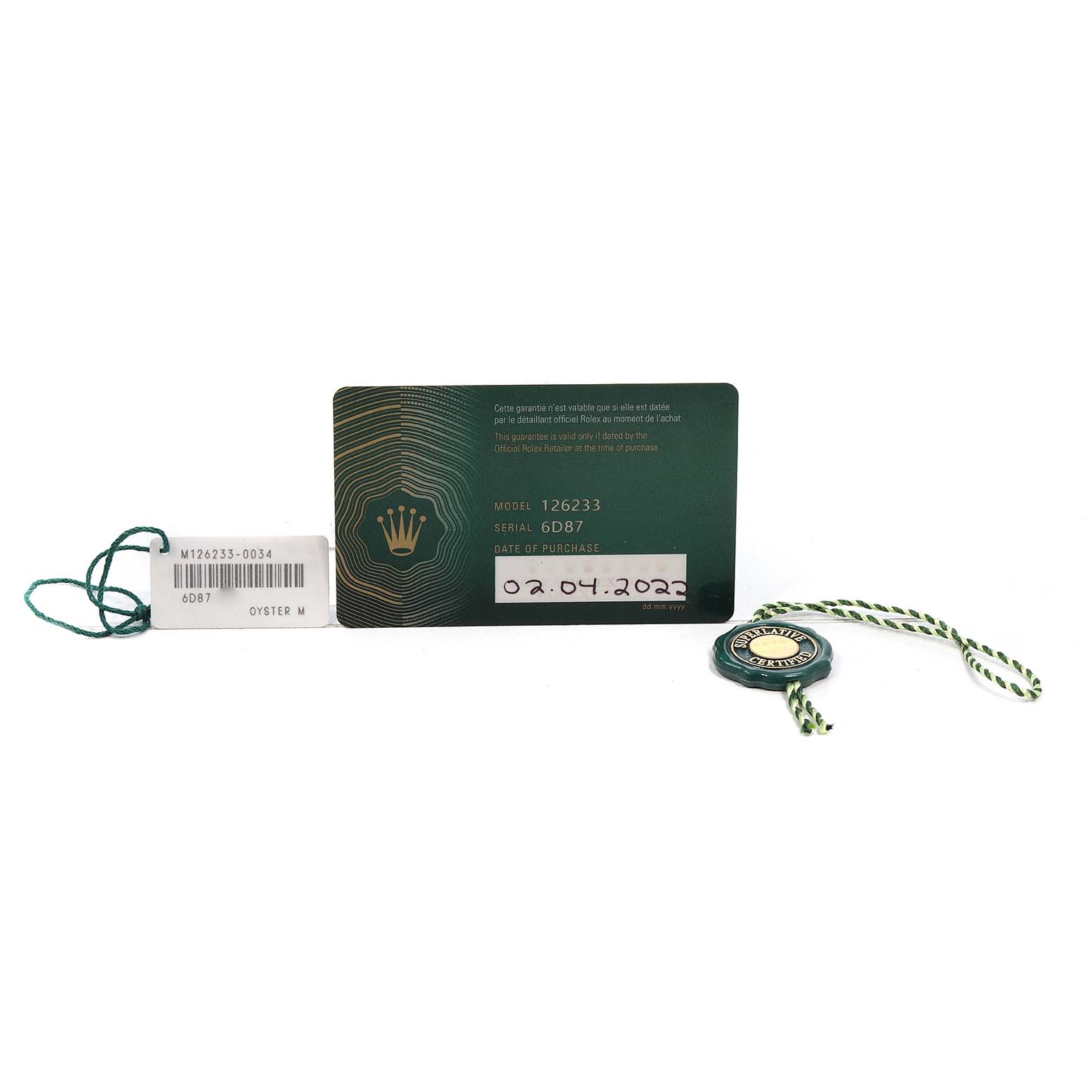 The image shows a Rolex Datejust 126233 Men's Steel and Gold (two tone) Champagne Dial warranty card, a tag, and a certification seal.