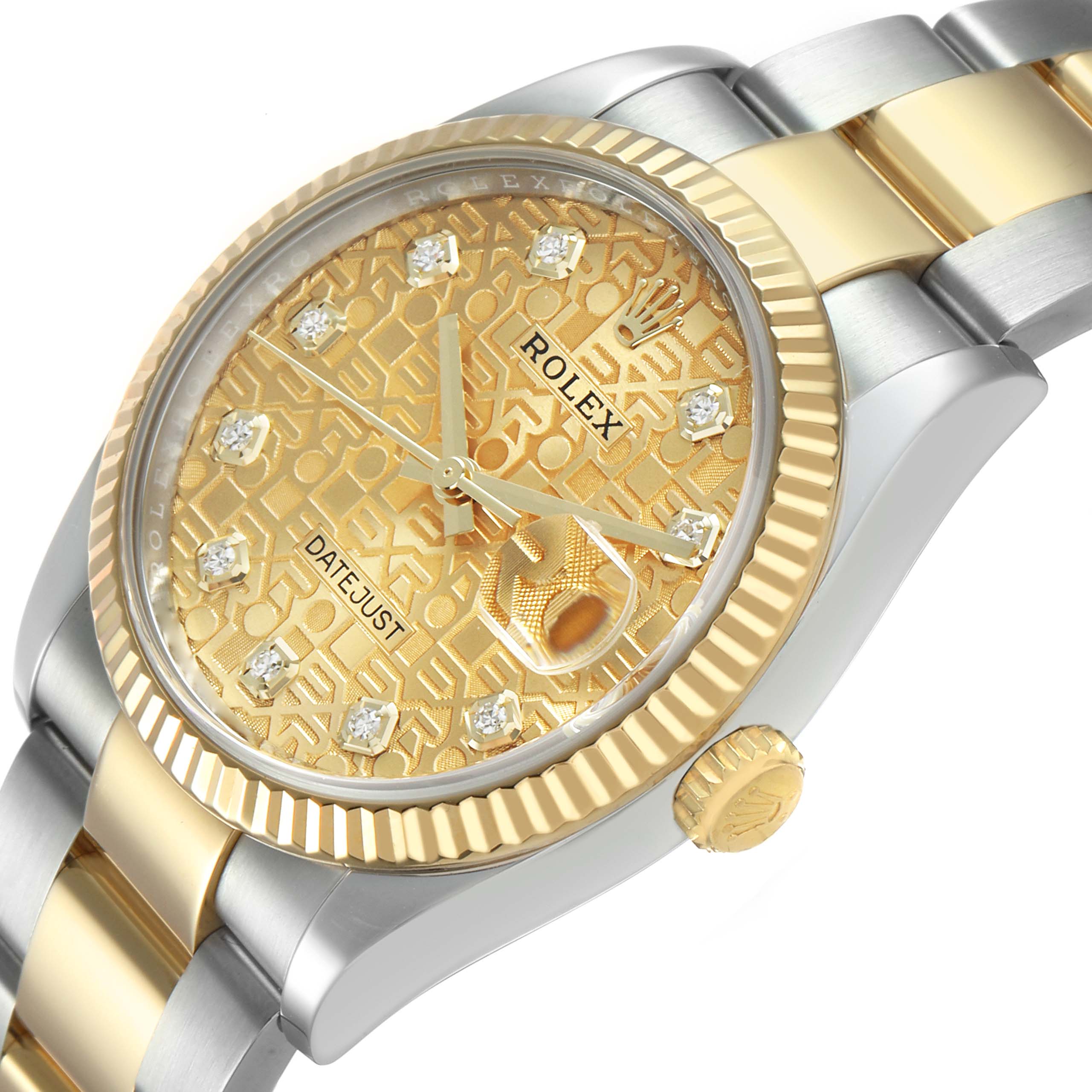 The Rolex Datejust 126233 Men's Steel and Gold (two tone) Champagne Dial watch is shown at an angle highlighting the gold and silver bracelet, fluted bezel, and diamond hour markers.