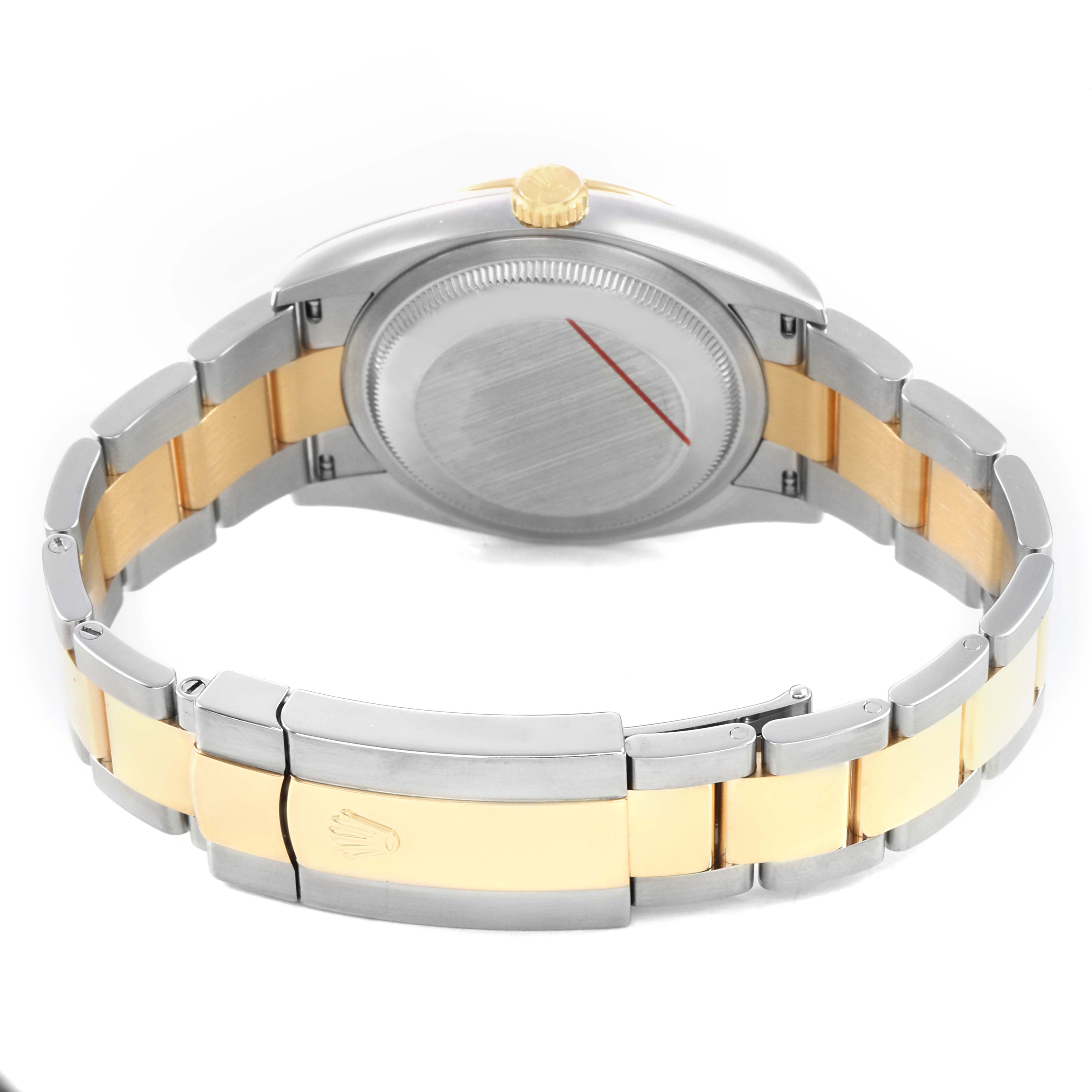 The Rolex Datejust 126233 Men's Steel and Gold (two tone) Champagne Dial is shown from the rear view, highlighting the case back, crown, and two-tone bracelet with clasp.