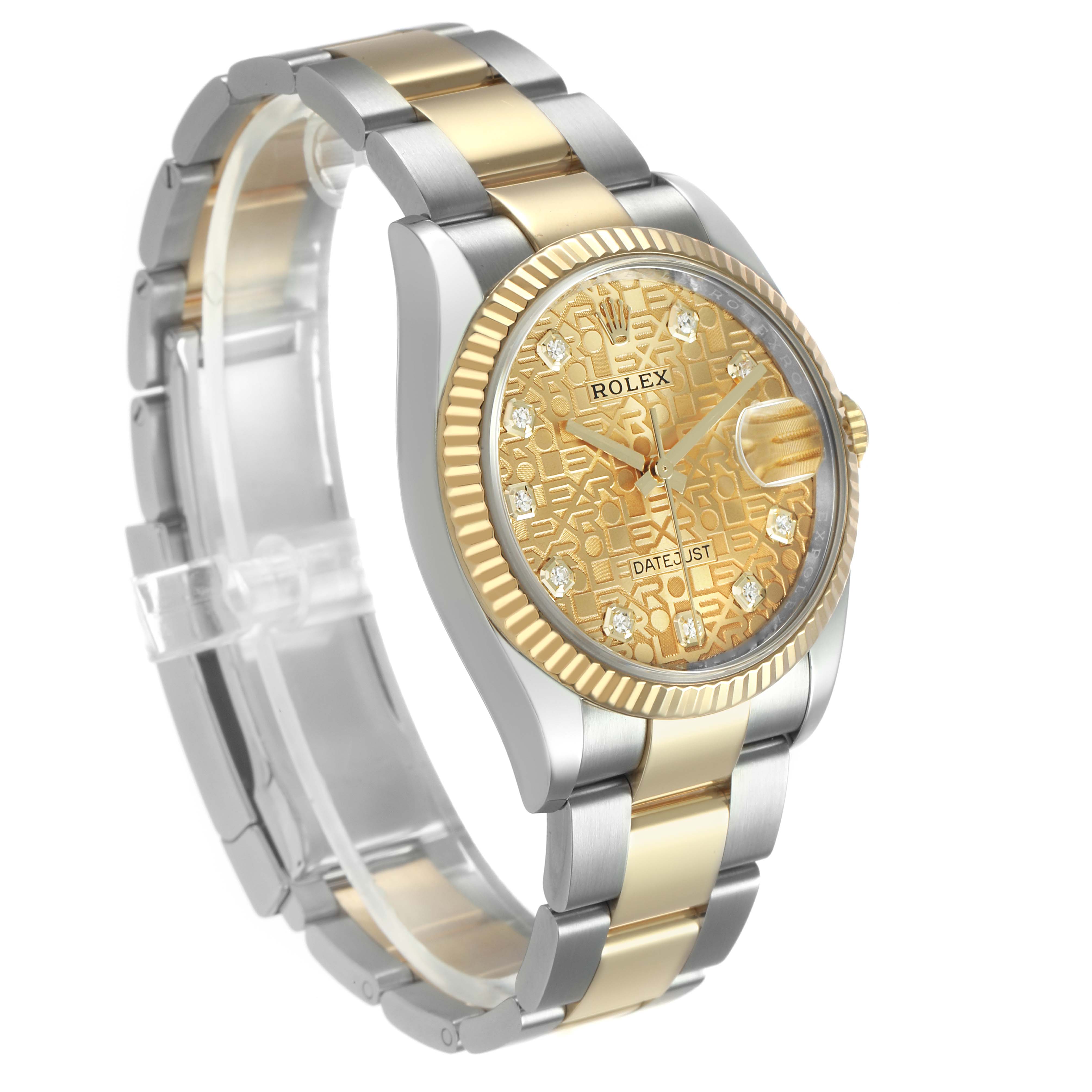 The image shows a Rolex Datejust 126233 Men's Steel and Gold (two tone) Champagne Dial watch at a three-quarter angle, highlighting the face, case, bezel, and bracelet.