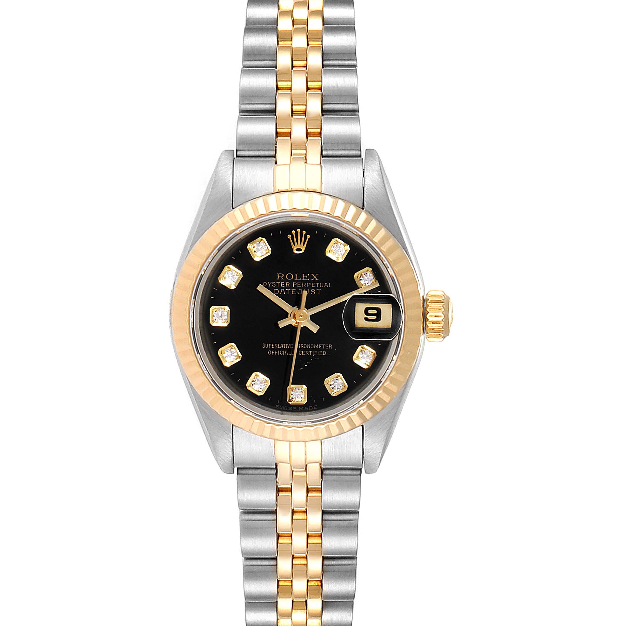 The Rolex Datejust 69173 Women
s Steel and Gold (two tone) Black Dial 69173 Women
s Steel and Gold (two tone) Black Dial watch is shown from a top-down angle, displaying the face, bezel, and bracelet.