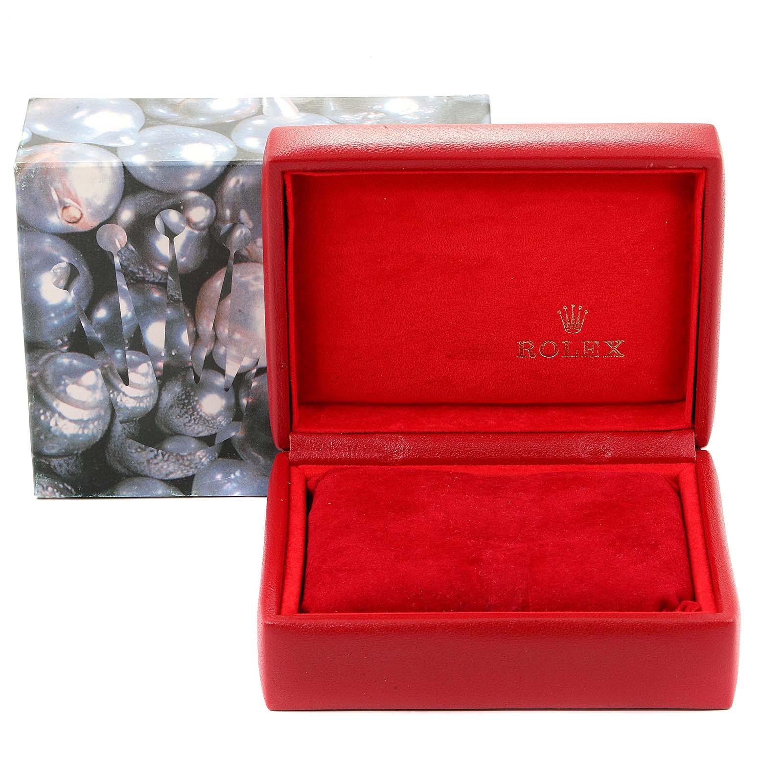 The image shows an open Rolex Datejust 69173 Women
s Steel and Gold (two tone) Black Dial 69173 Women
s Steel and Gold (two tone) Black Dial watch box with a red interior, displaying the Rolex logo inside the lid.