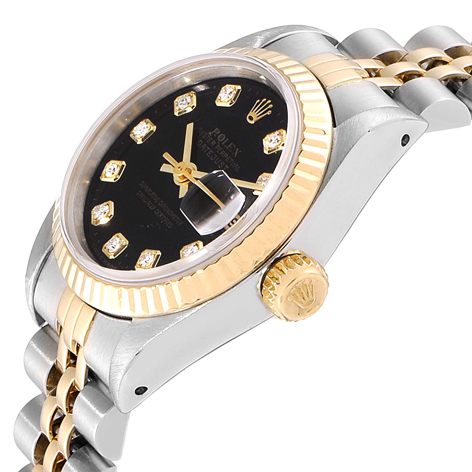 This image shows a side view of a Rolex Datejust 69173 Women
s Steel and Gold (two tone) Black Dial 69173 Women
s Steel and Gold (two tone) Black Dial watch, highlighting its black dial, gold bezel, crown, and two-tone bracelet.