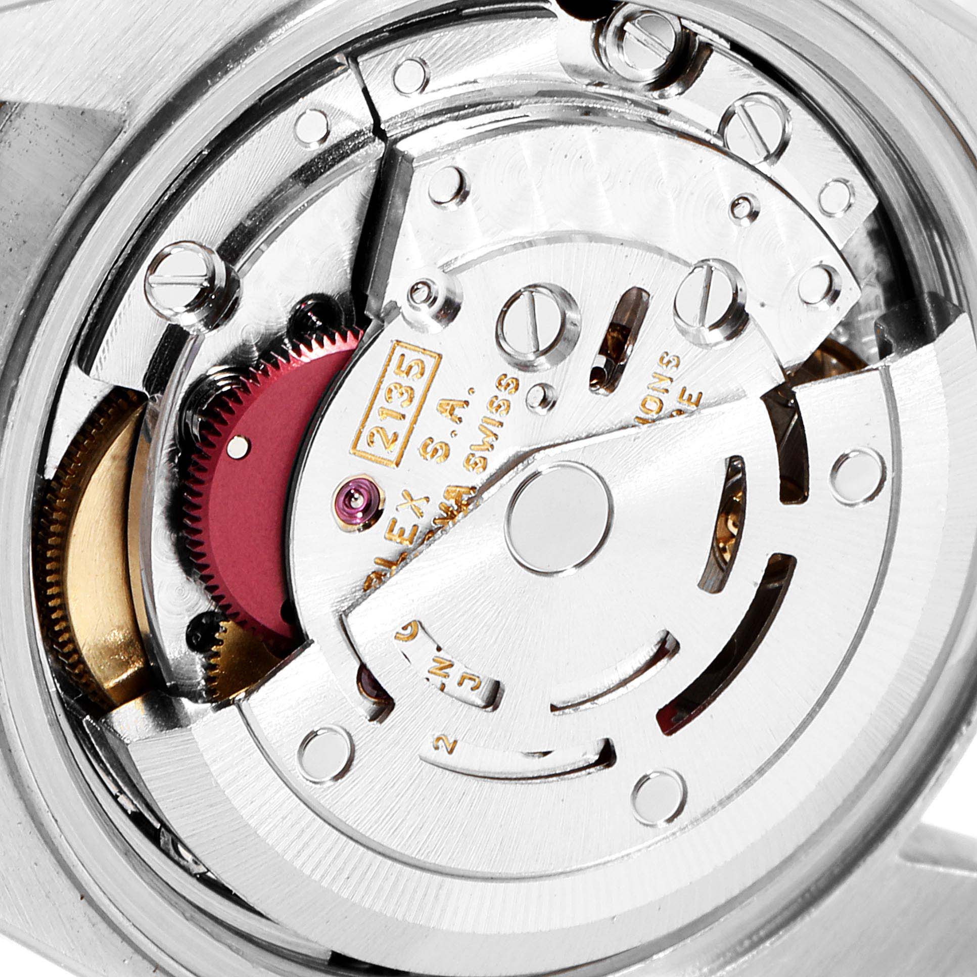 This is a close-up shot showing the movement mechanism of a Rolex Datejust 69173 Women
s Steel and Gold (two tone) Black Dial 69173 Women
s Steel and Gold (two tone) Black Dial watch.