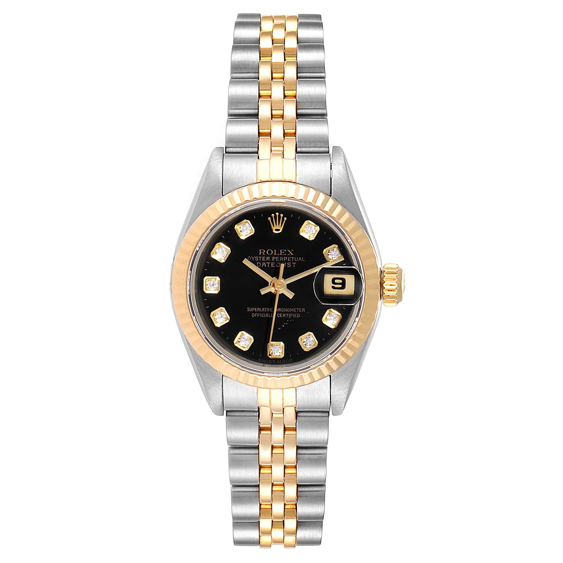 The image shows a frontal view of a Rolex Datejust 69173 Women
s Steel and Gold (two tone) Black Dial 69173 Women
s Steel and Gold (two tone) Black Dial watch with a two-tone metal bracelet and black dial with diamond markers.