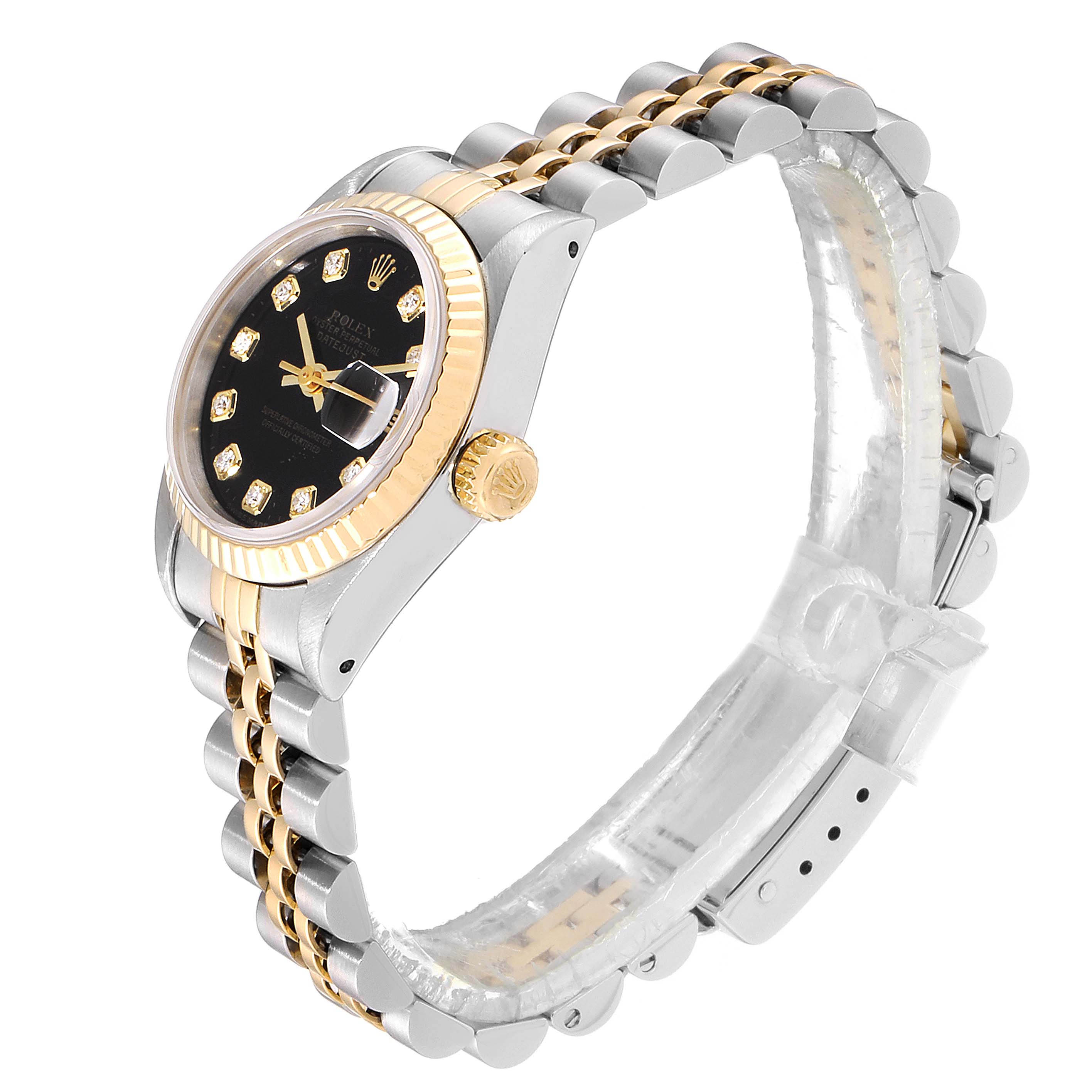 This image shows a side angle of the Rolex Datejust 69173 Women
s Steel and Gold (two tone) Black Dial 69173 Women
s Steel and Gold (two tone) Black Dial watch, highlighting the bracelet, bezel, crown, and part of the dial.