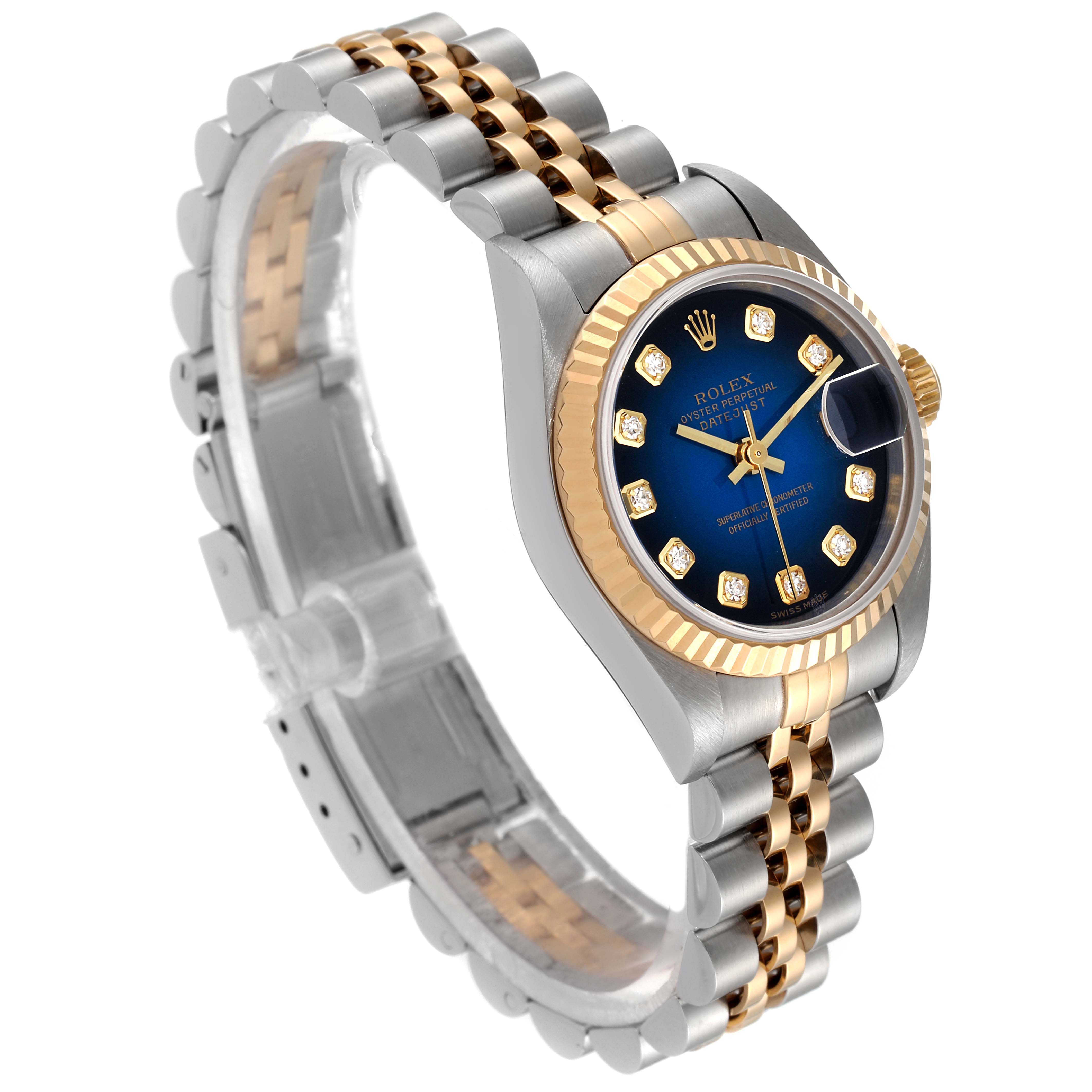 The image shows a Rolex Datejust 79173 Women's Steel and Gold (two tone) Blue Dial 79173 Women's Steel and Gold (two tone) Blue Dial watch from an angled side view, highlighting its two-tone bracelet, blue dial with diamond hour markers, and gold fluted bezel.