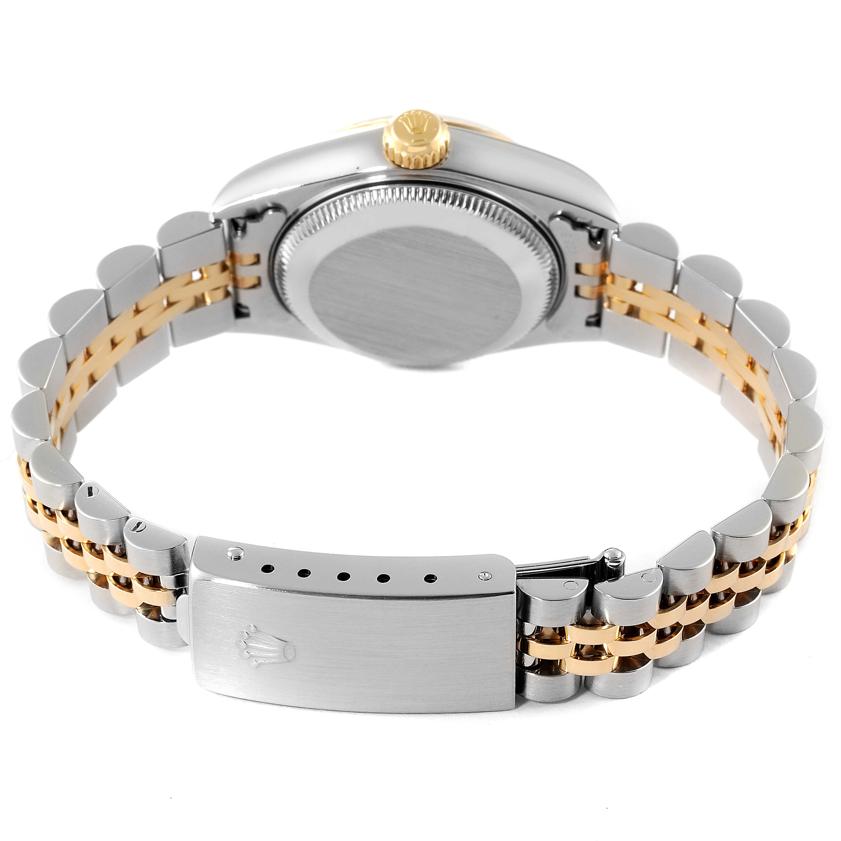 The image shows the back of a Rolex Datejust 79173 Women's Steel and Gold (two tone) Blue Dial 79173 Women's Steel and Gold (two tone) Blue Dial watch with a two-tone bracelet and clasp.