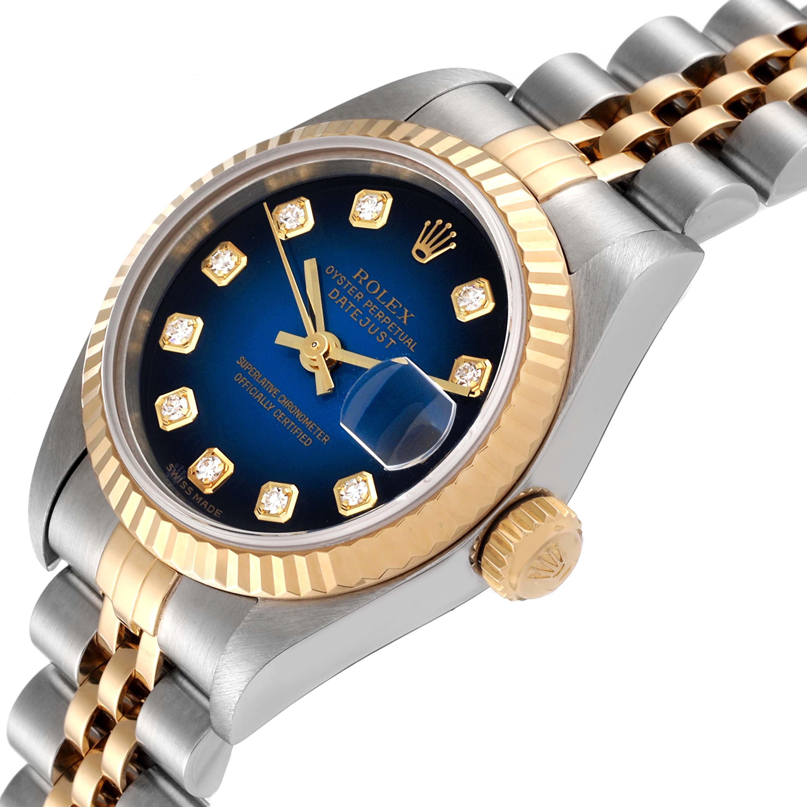 The image shows a close-up angled view of a Rolex Datejust 79173 Women's Steel and Gold (two tone) Blue Dial 79173 Women's Steel and Gold (two tone) Blue Dial watch, highlighting the dial, bezel, crown, and bracelet.