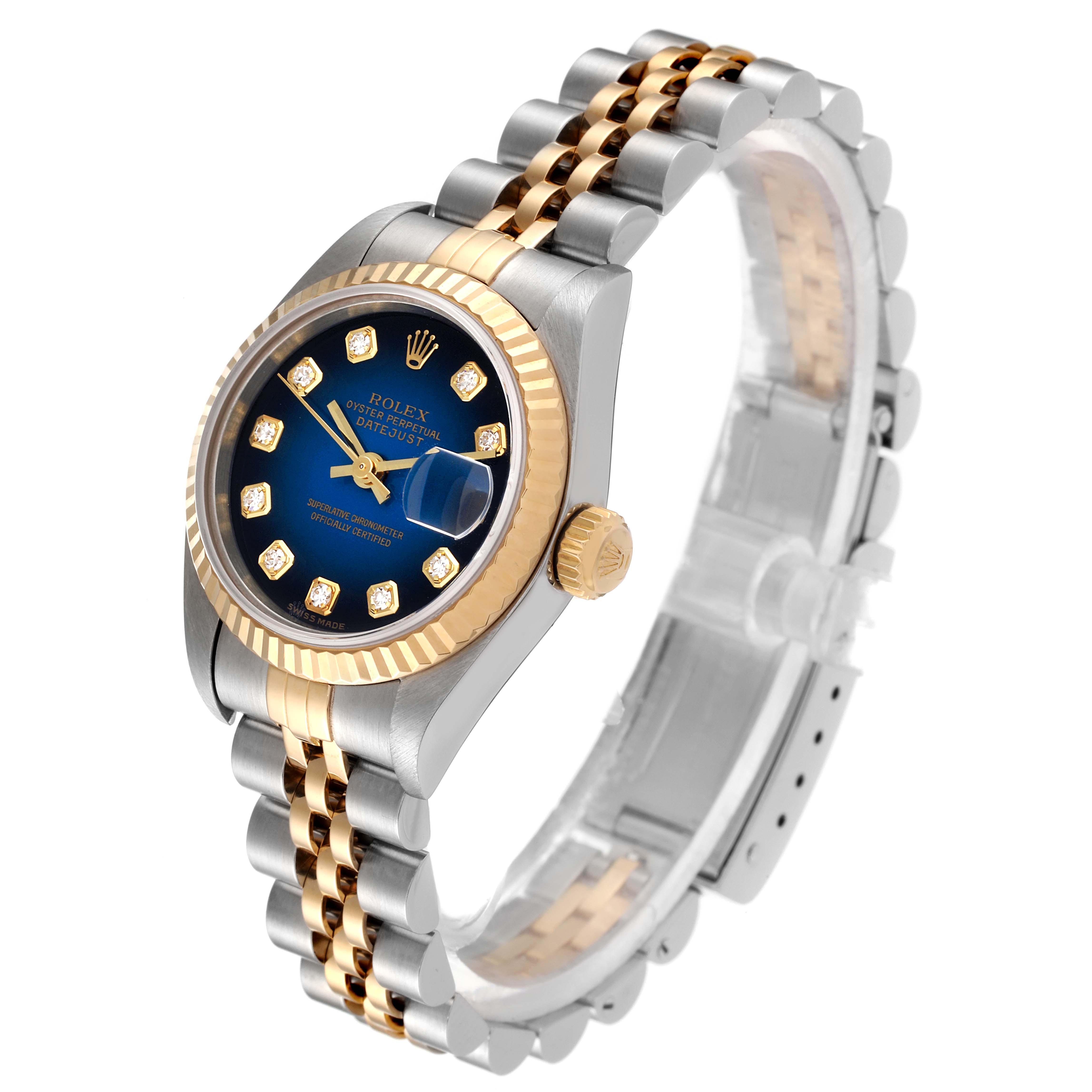 The Rolex Datejust 79173 Women's Steel and Gold (two tone) Blue Dial 79173 Women's Steel and Gold (two tone) Blue Dial watch is shown at a three-quarter angle, highlighting the face, bezel, crown, and bracelet.