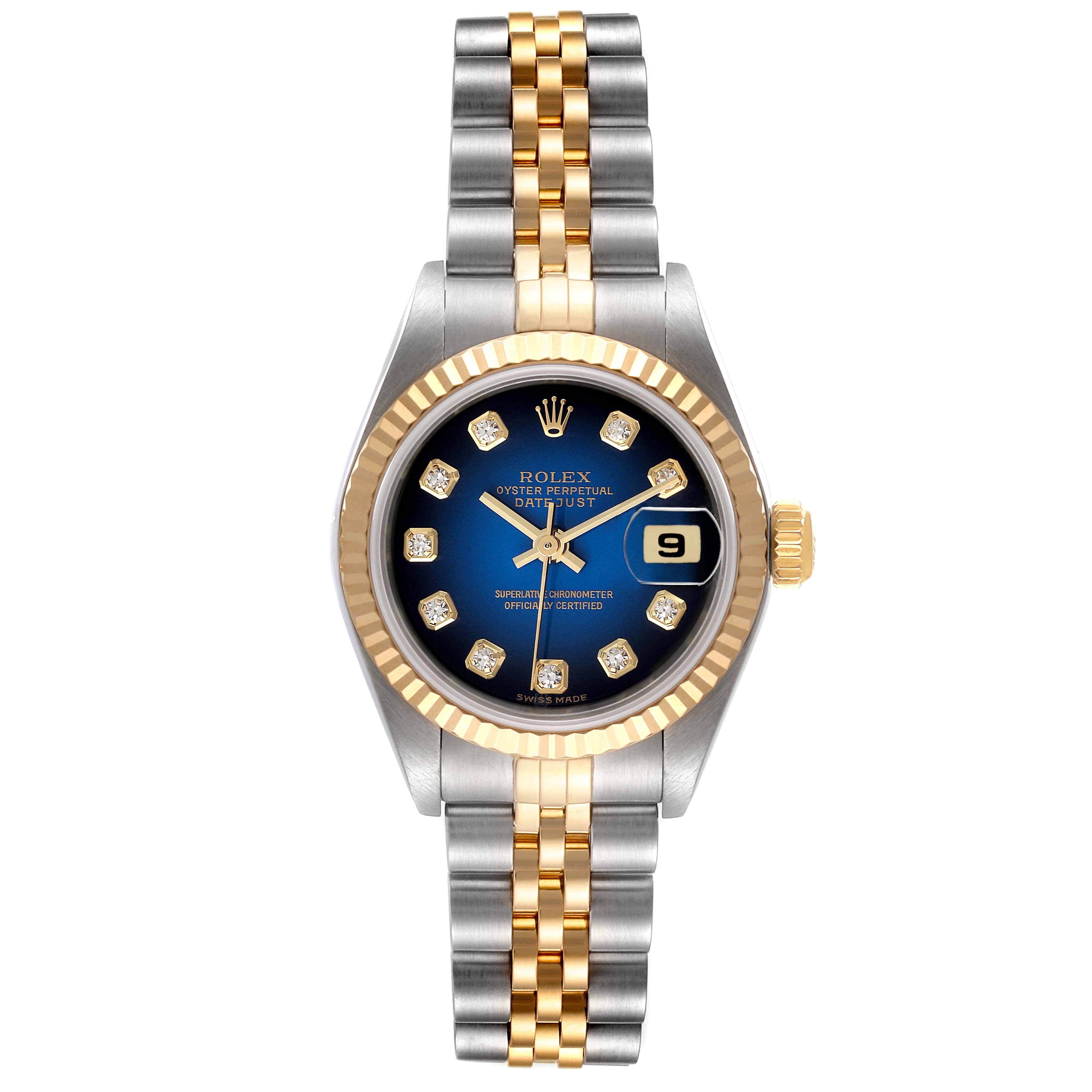 This is a Rolex Datejust 79173 Women's Steel and Gold (two tone) Blue Dial 79173 Women's Steel and Gold (two tone) Blue Dial watch shown from the front, featuring a jubilee bracelet, blue dial, diamond indices, and date window.
