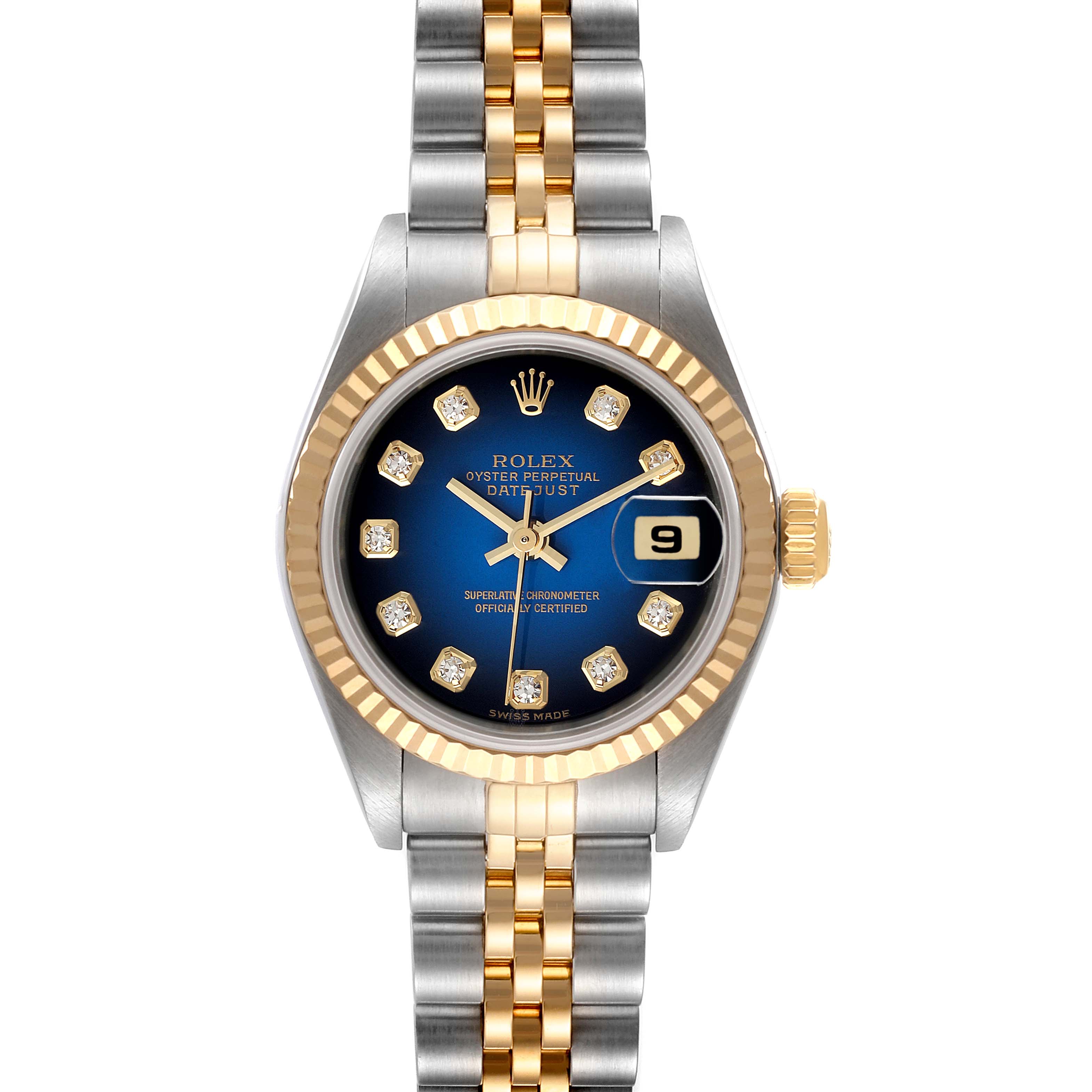The image shows a Rolex Datejust 79173 Women's Steel and Gold (two tone) Blue Dial 79173 Women's Steel and Gold (two tone) Blue Dial watch from a top-down angle, highlighting its blue dial, fluted bezel, and two-tone bracelet.