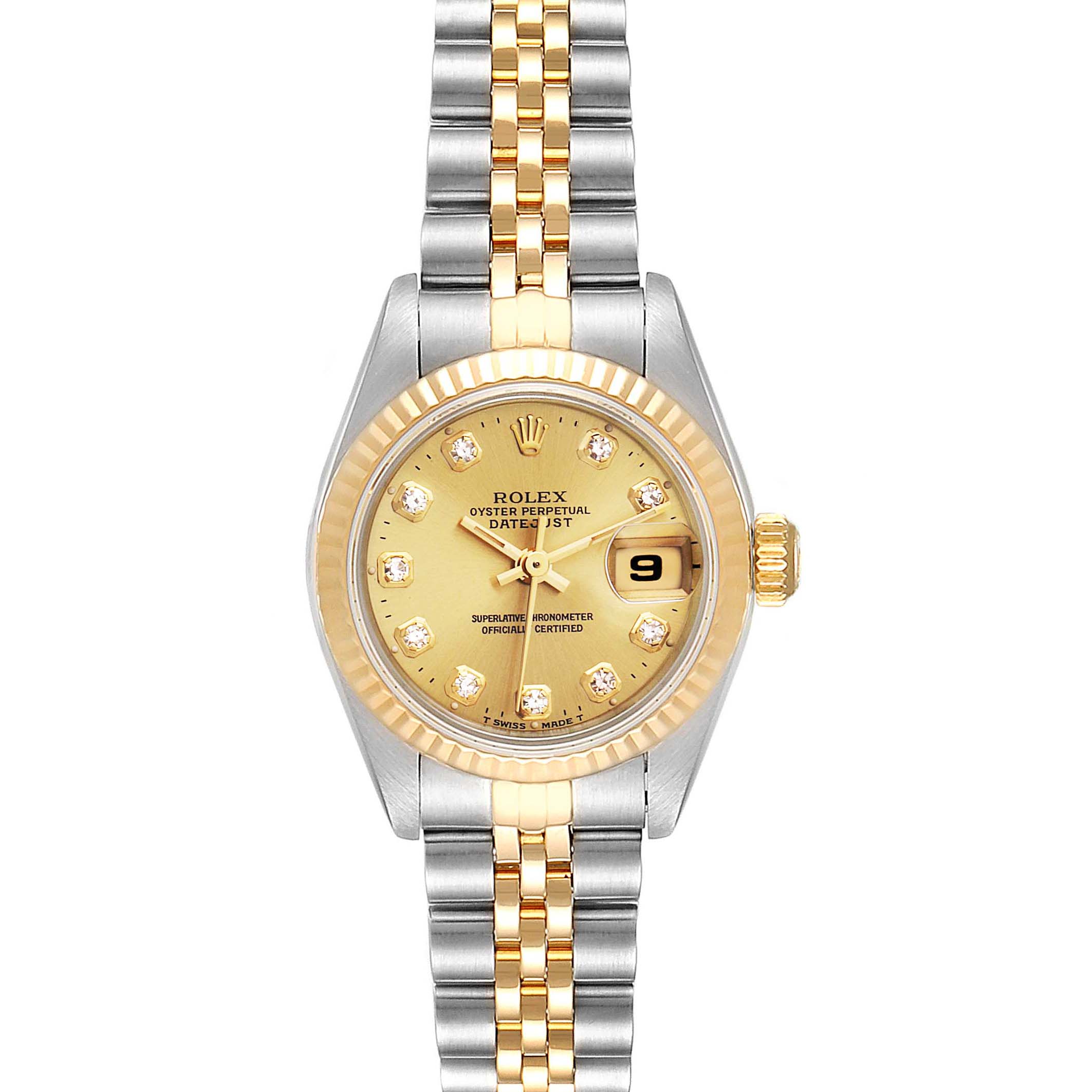 The image shows a front view of a Rolex Datejust 69173 Women
s Steel and Gold (two tone) Champagne Dial 69173 Women
s Steel and Gold (two tone) Champagne Dial watch featuring a gold dial, two-tone bracelet, and date display.