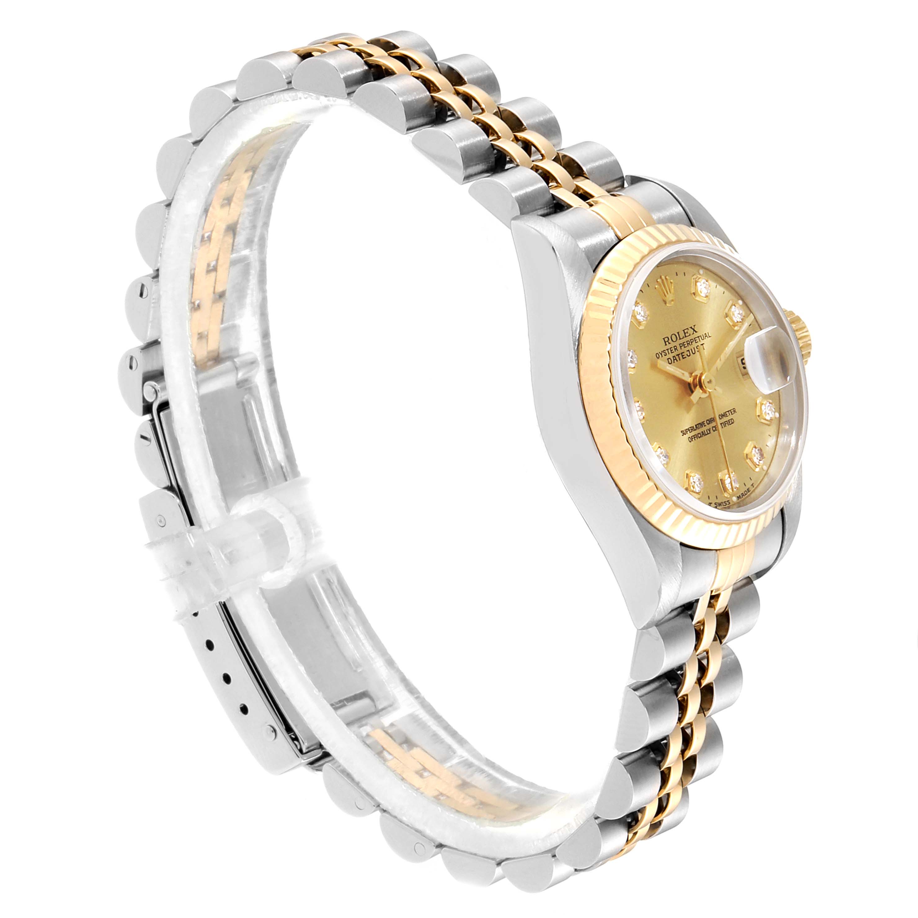 This image shows a Rolex Datejust 69173 Women
s Steel and Gold (two tone) Champagne Dial 69173 Women
s Steel and Gold (two tone) Champagne Dial watch at an angle highlighting the face, bezel, and two-tone bracelet.
