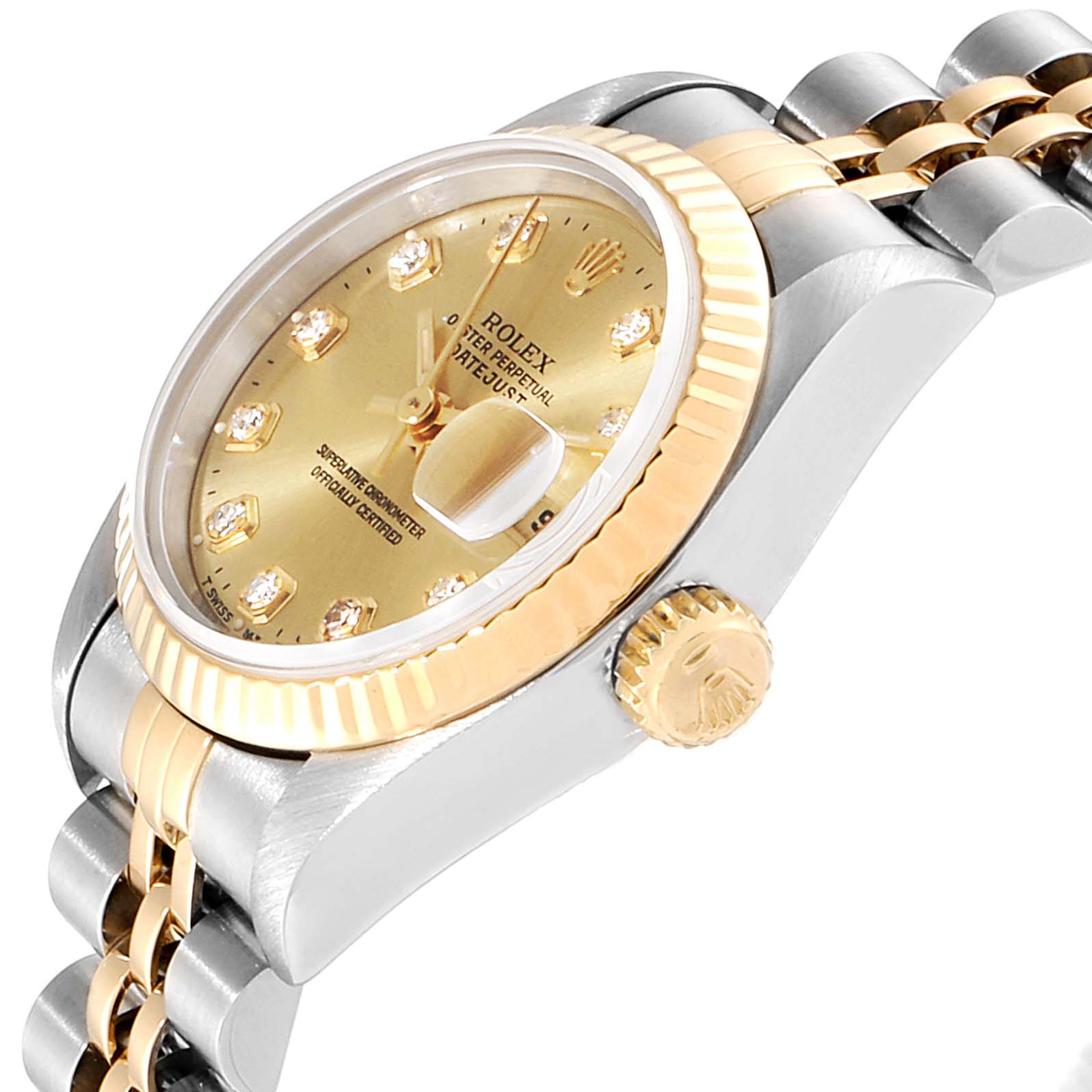 This image shows a side angle of the Rolex Datejust 69173 Women
s Steel and Gold (two tone) Champagne Dial 69173 Women
s Steel and Gold (two tone) Champagne Dial watch, highlighting the crown, bezel, dial, and part of the bracelet.