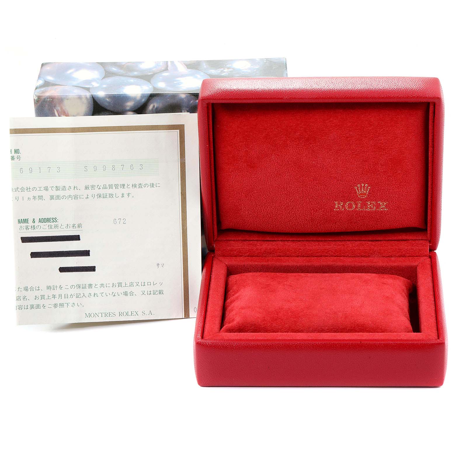 The image shows a red Rolex Datejust 69173 Women
s Steel and Gold (two tone) Champagne Dial 69173 Women
s Steel and Gold (two tone) Champagne Dial watch box with accompanying papers, viewed from the front.