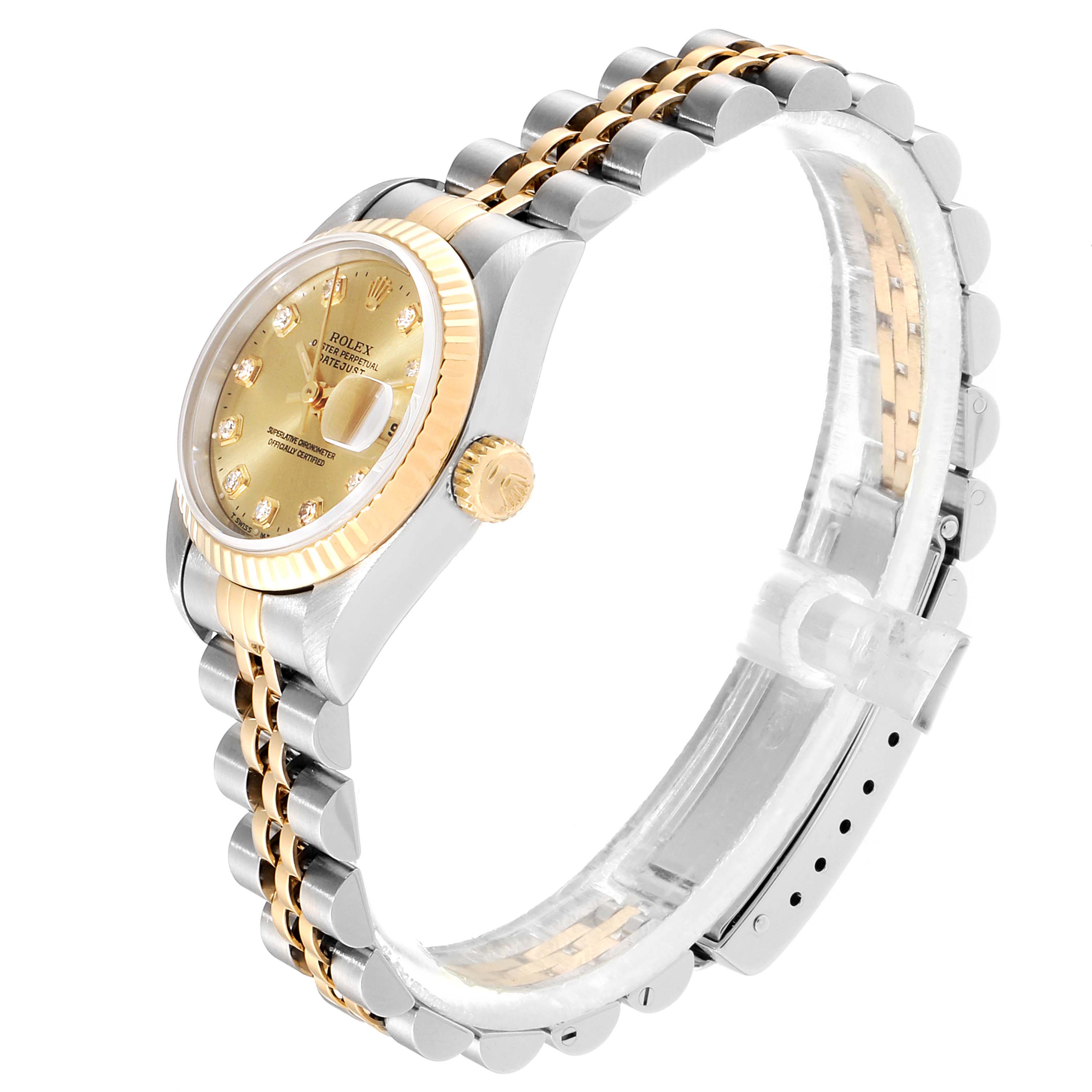 The image shows a Rolex Datejust 69173 Women
s Steel and Gold (two tone) Champagne Dial 69173 Women
s Steel and Gold (two tone) Champagne Dial watch from a side angle, highlighting its bracelet, crown, and face.