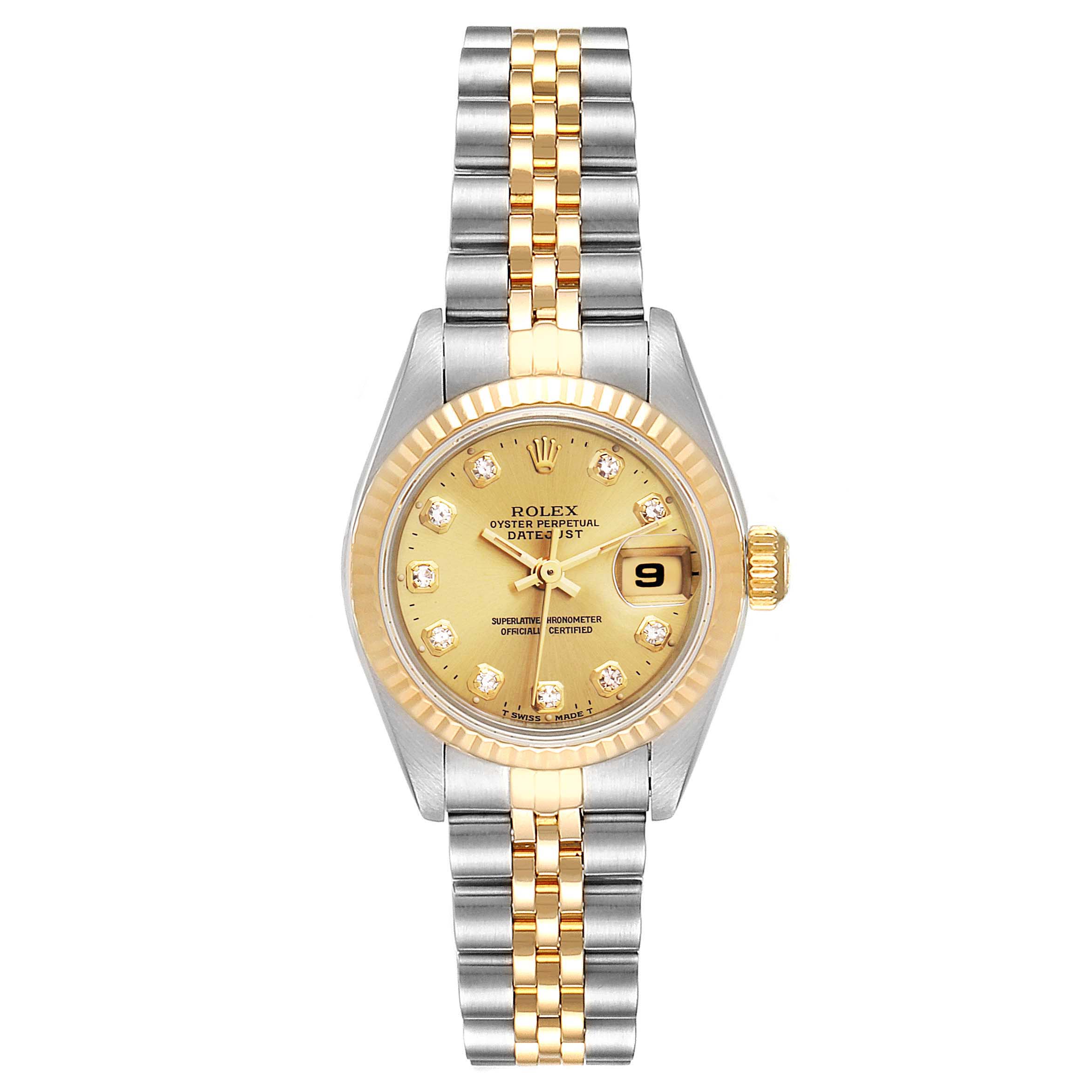 This image shows a front view of a Rolex Datejust 69173 Women
s Steel and Gold (two tone) Champagne Dial 69173 Women
s Steel and Gold (two tone) Champagne Dial watch with a two-tone bracelet and a gold dial.
