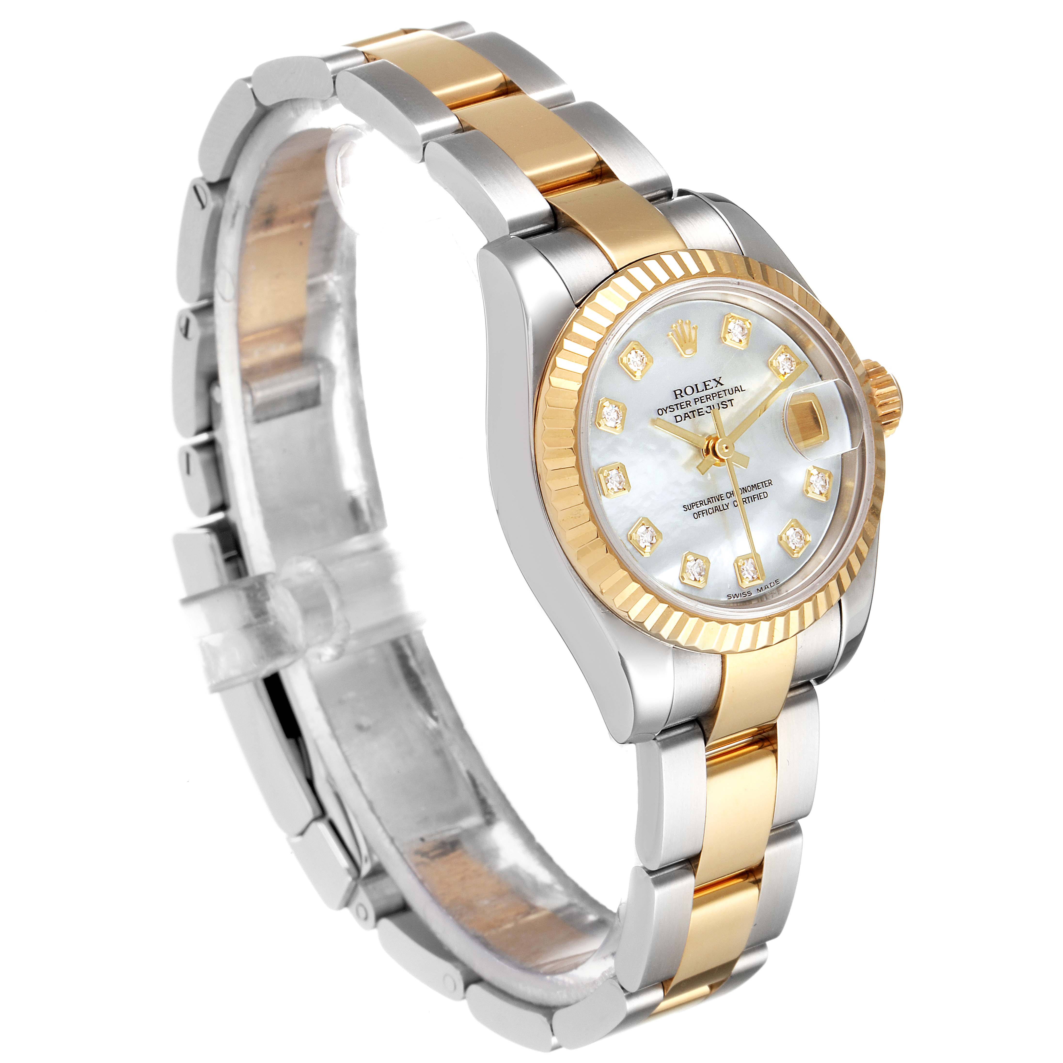 This Rolex Datejust 179173 Women's Steel and Gold (two tone) Mother of Pearl Dial 179173 Women's Steel and Gold (two tone) Mother of Pearl Dial model is shown at a three-quarter angle, highlighting its two-tone band, fluted bezel, and diamond hour markers.