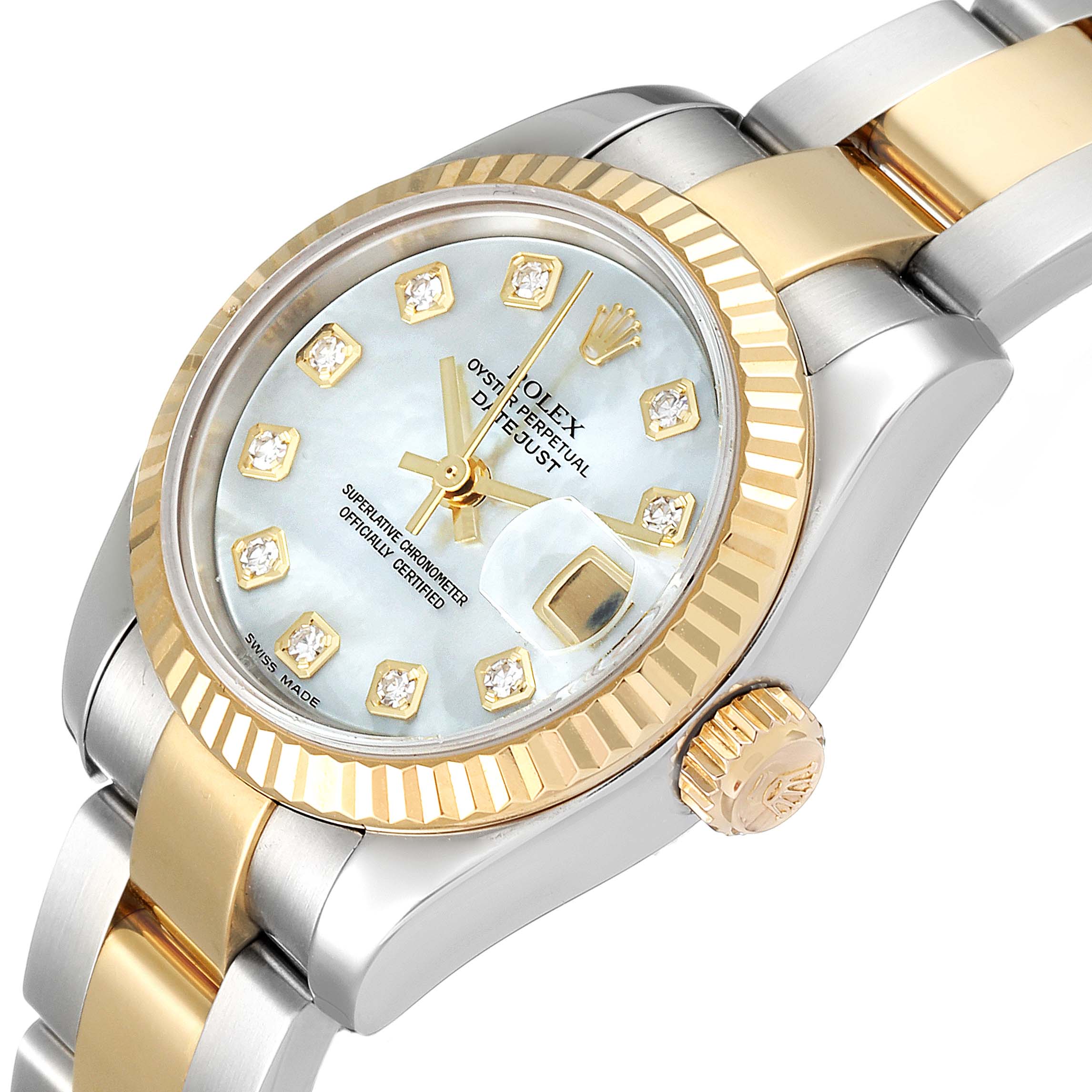 This image shows a close-up angled view of a Rolex Datejust 179173 Women's Steel and Gold (two tone) Mother of Pearl Dial 179173 Women's Steel and Gold (two tone) Mother of Pearl Dial watch, highlighting its face, bezel, and part of the bracelet.