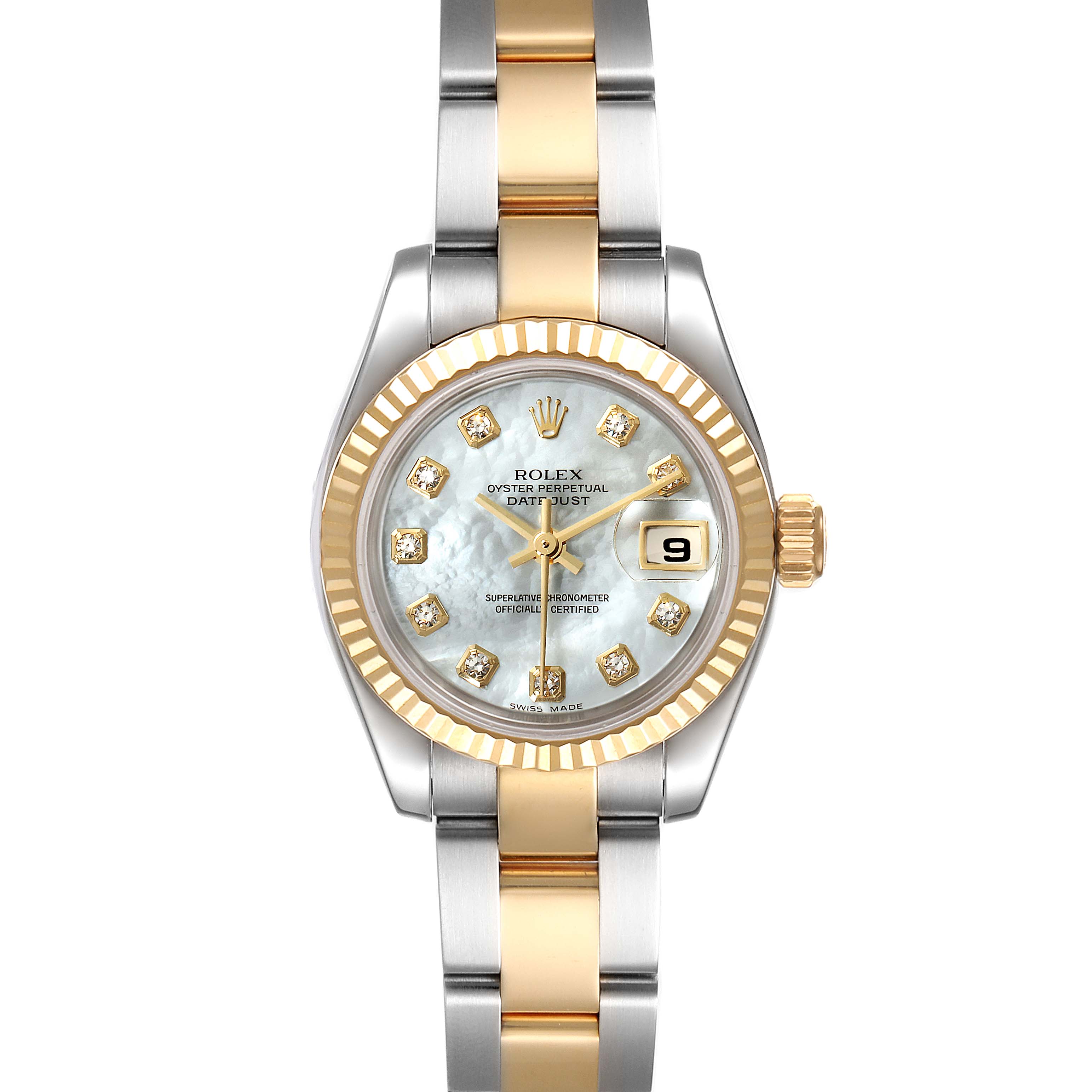 The image shows a front view of a Rolex Datejust 179173 Women's Steel and Gold (two tone) Mother of Pearl Dial 179173 Women's Steel and Gold (two tone) Mother of Pearl Dial watch, displaying the dial, bezel, and bracelet.