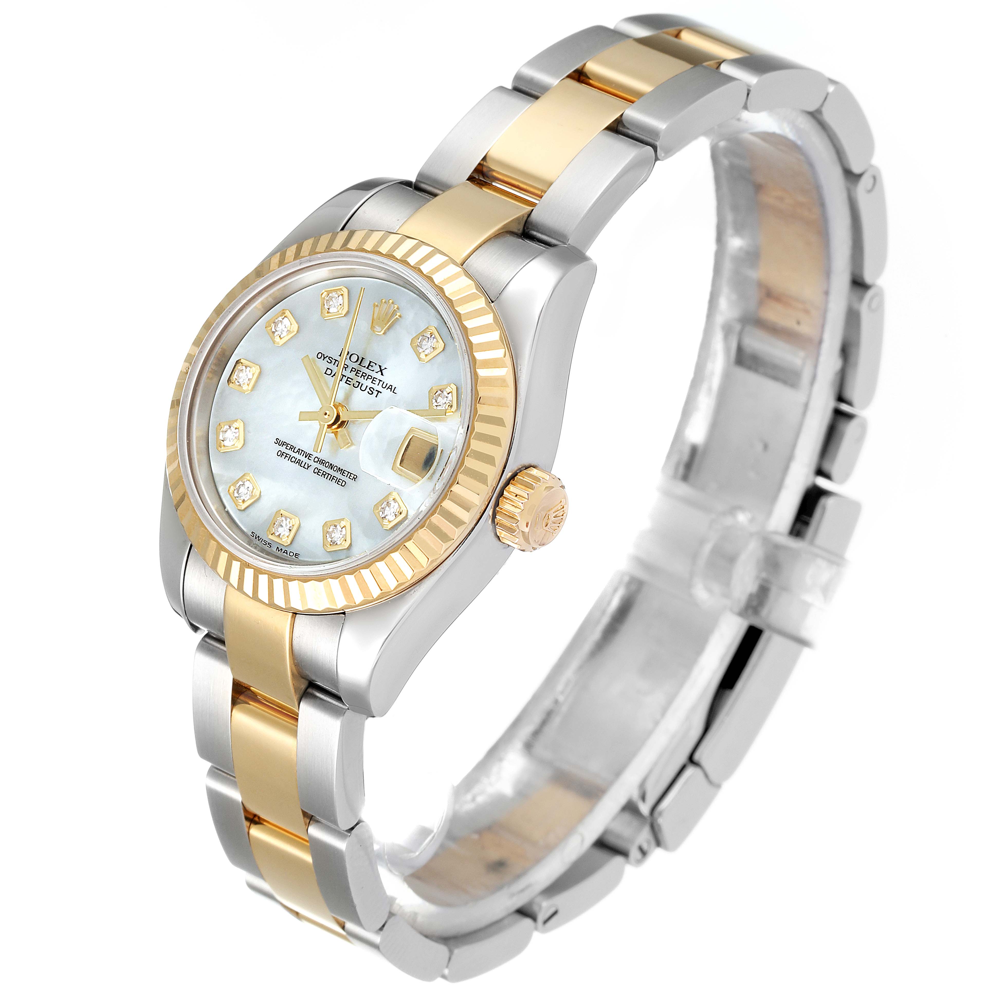 The Rolex Datejust 179173 Women's Steel and Gold (two tone) Mother of Pearl Dial 179173 Women's Steel and Gold (two tone) Mother of Pearl Dial watch is shown at a slight angle, highlighting the face, crown, and bracelet.