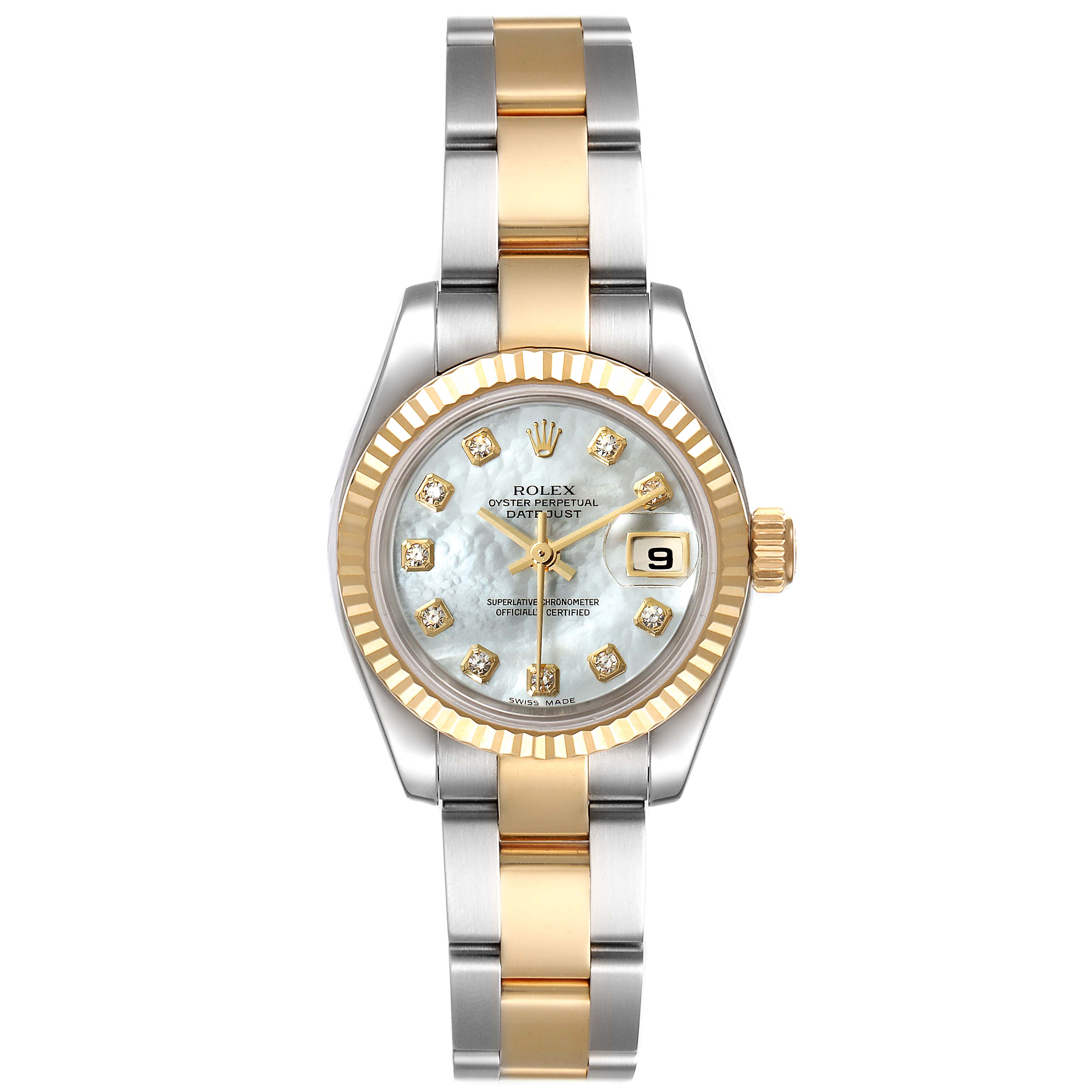 The Rolex Datejust 179173 Women's Steel and Gold (two tone) Mother of Pearl Dial 179173 Women's Steel and Gold (two tone) Mother of Pearl Dial watch is shown from a top-down angle, displaying the face, dial, and bracelet.