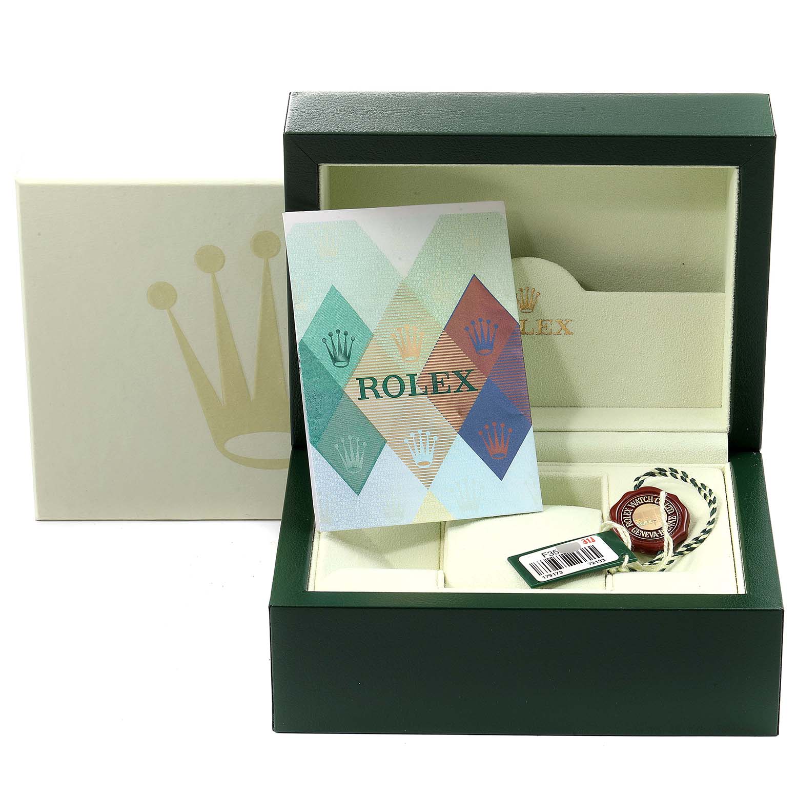 The image shows the packaging and accessories for a Rolex Datejust 179173 Women's Steel and Gold (two tone) Mother of Pearl Dial 179173 Women's Steel and Gold (two tone) Mother of Pearl Dial watch, including the box, booklet, and tags.