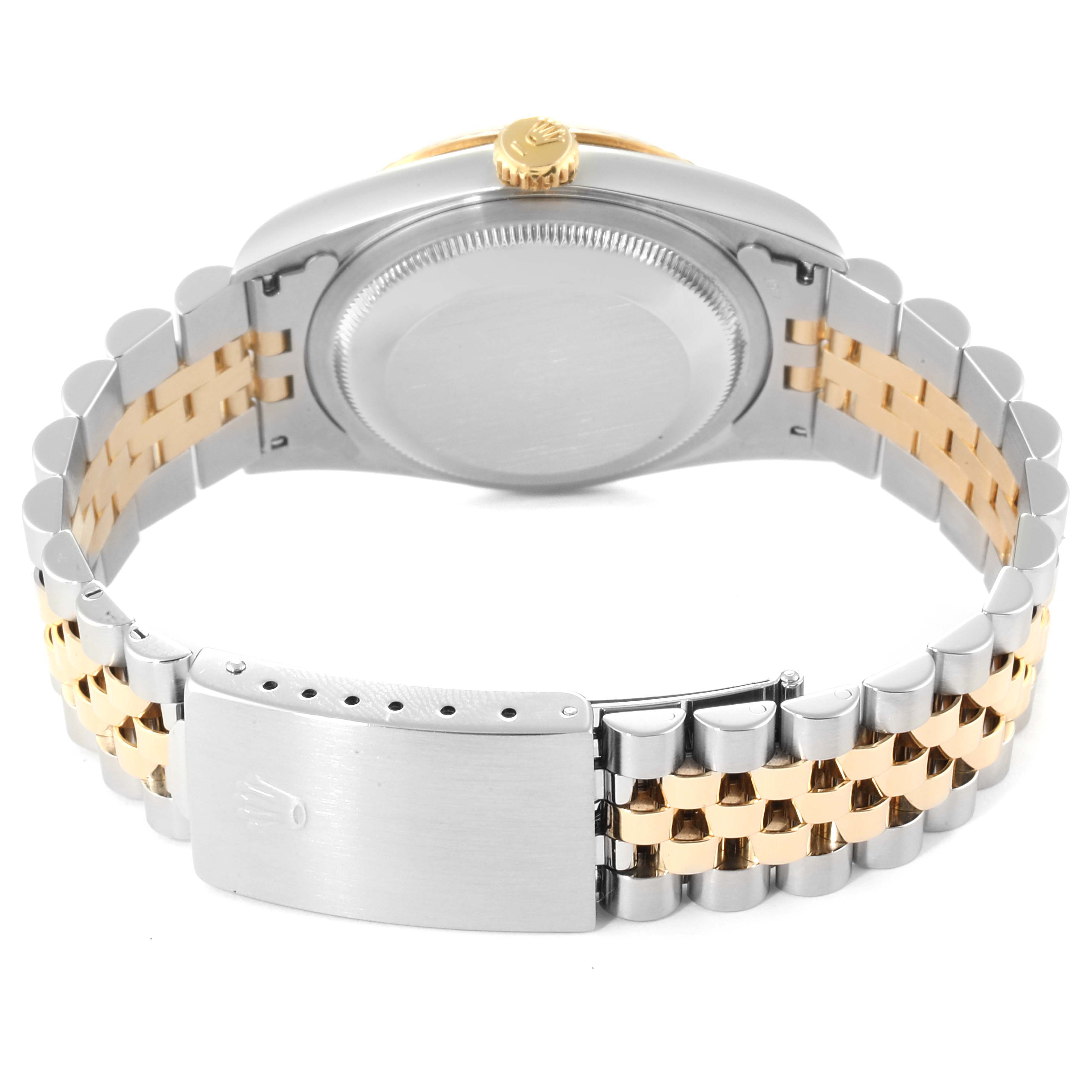 The image shows the back case and bracelet of a Rolex Datejust 16233 Men
s Steel and Gold (two tone) Silver Dial 16233 Men
s Steel and Gold (two tone) Silver Dial watch, focusing on the two-tone metal strap and clasp.