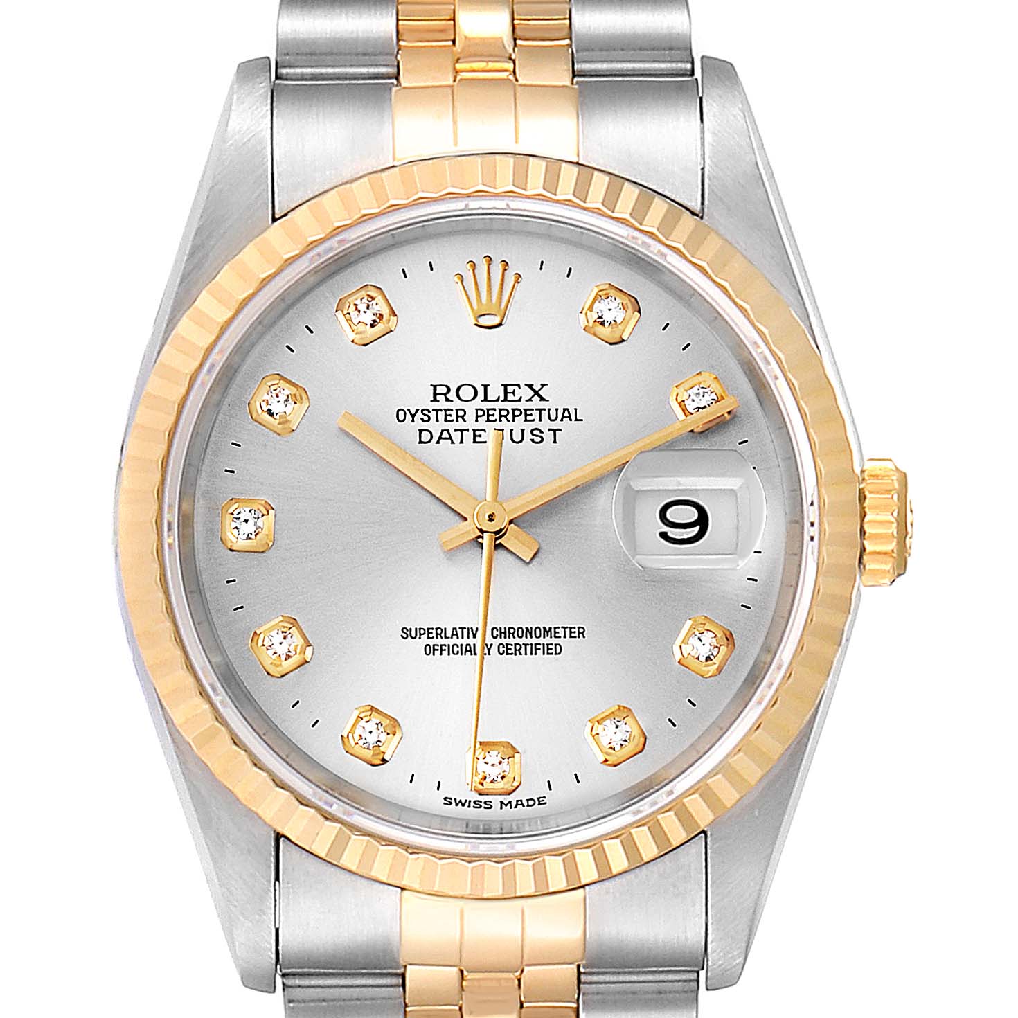 The image shows a front view of the Rolex Datejust 16233 Men
s Steel and Gold (two tone) Silver Dial 16233 Men
s Steel and Gold (two tone) Silver Dial watch, highlighting the dial, bezel, hands, and part of the bracelet.