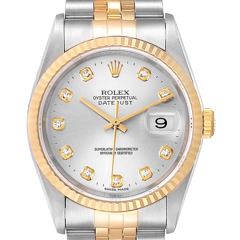 The image shows a front view of the Rolex Datejust watch, highlighting the dial, bezel, hands, and part of the bracelet.