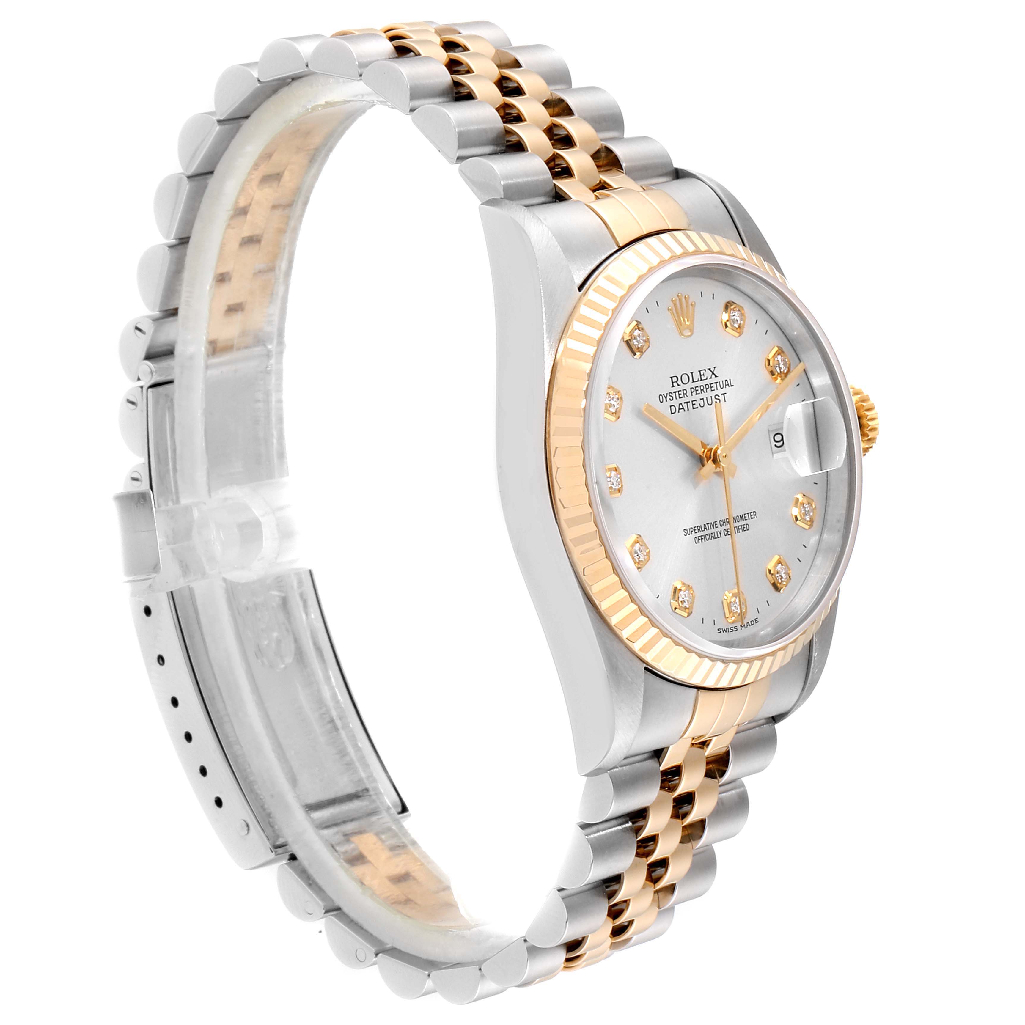 The Rolex Datejust 16233 Men
s Steel and Gold (two tone) Silver Dial 16233 Men
s Steel and Gold (two tone) Silver Dial model is shown at a slight angle, displaying the face, bezel, and part of the jubilee bracelet.