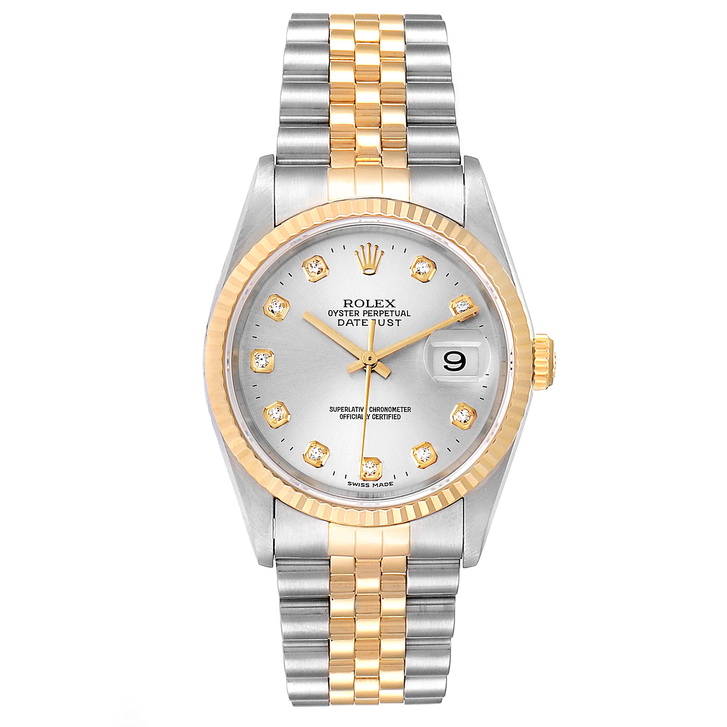 Rolex Datejust Steel Yellow Gold Silver Diamond Dial Mens Watch 16233 ...