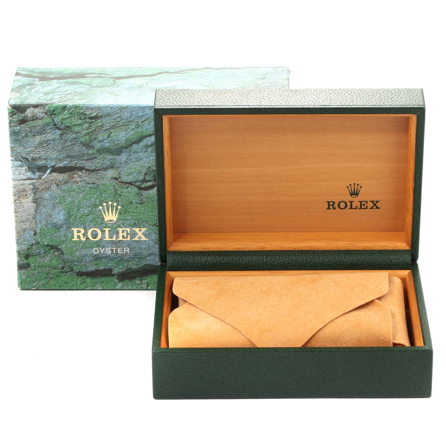 The image shows a green Rolex Datejust 16233 Men
s Steel and Gold (two tone) Silver Dial 16233 Men
s Steel and Gold (two tone) Silver Dial watch box with the open lid, revealing a suede pouch inside.