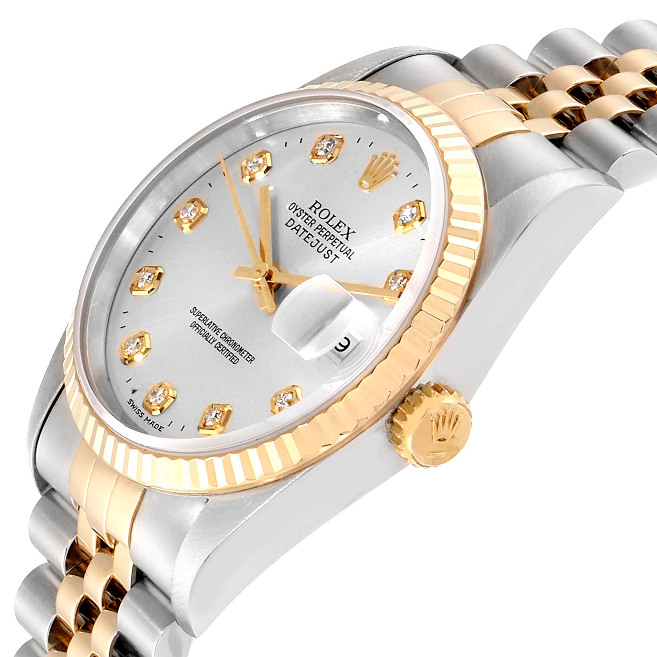 The image shows a close-up angle of a Rolex Datejust 16233 Men
s Steel and Gold (two tone) Silver Dial 16233 Men
s Steel and Gold (two tone) Silver Dial watch, highlighting the dial, fluted bezel, crown, and jubilee bracelet.