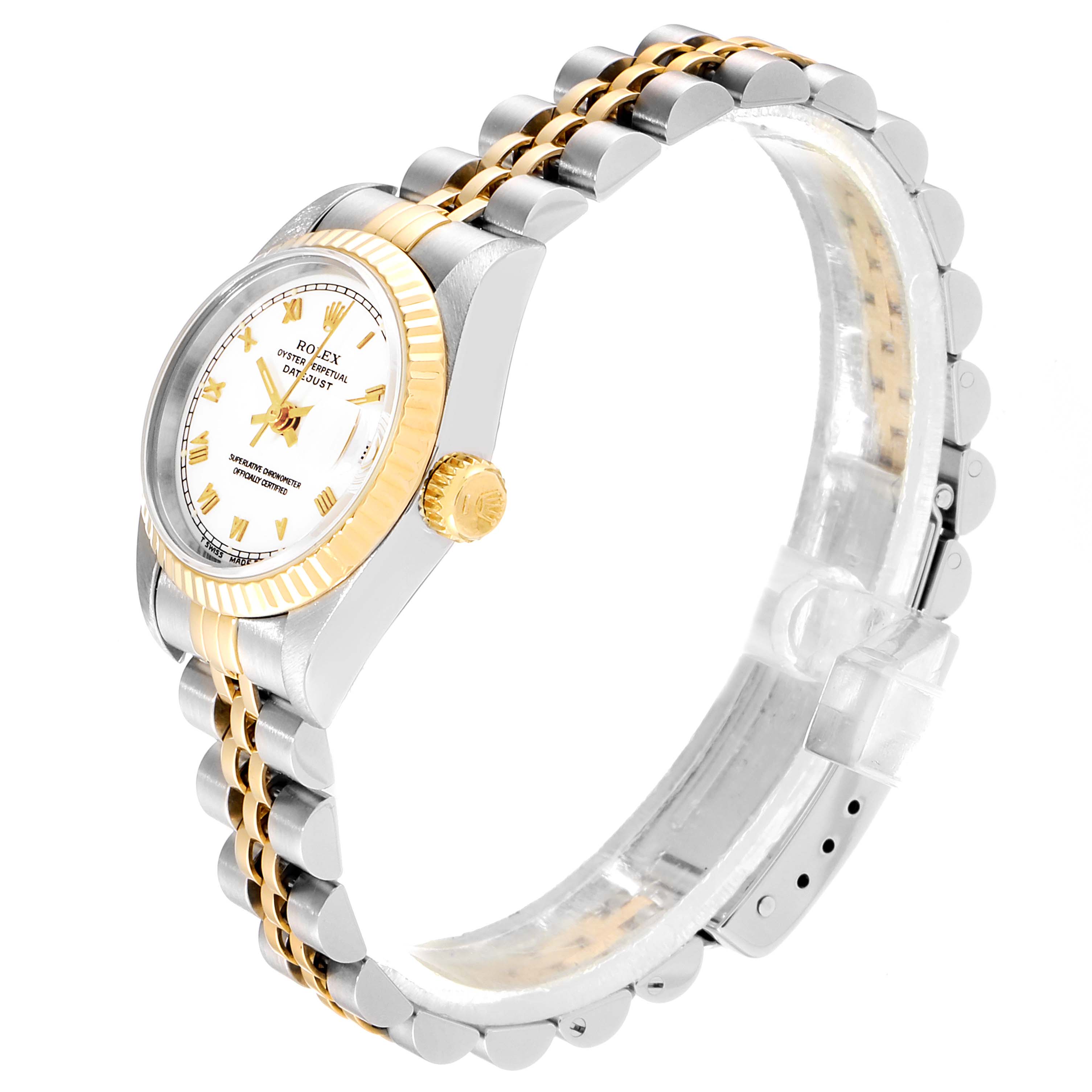 The Rolex Datejust 69173 Women
s Steel and Gold (two tone) White Dial 69173 Women
s Steel and Gold (two tone) White Dial watch is shown at an angled view, highlighting its dial, bezel, and Jubilee bracelet.