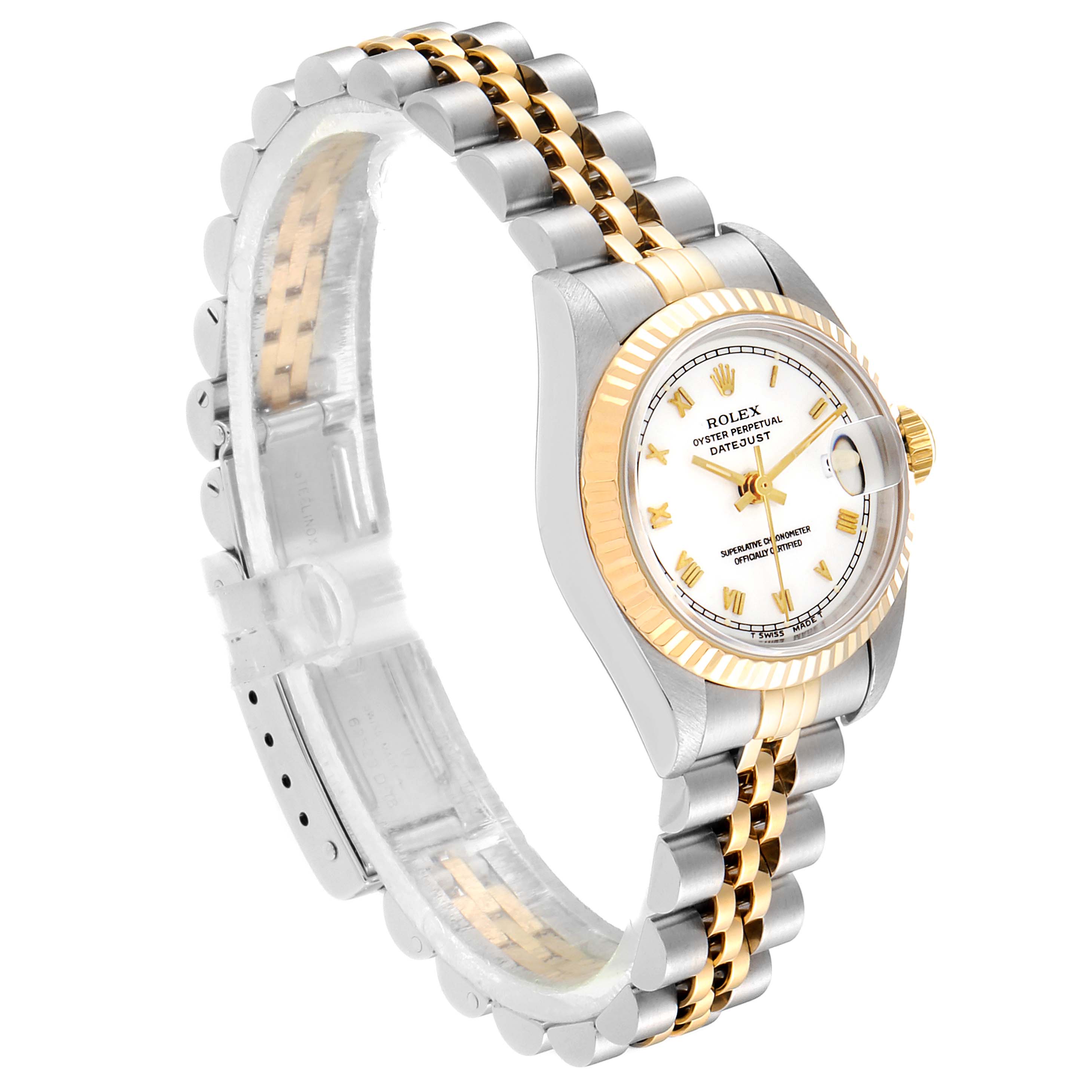 The Rolex Datejust 69173 Women
s Steel and Gold (two tone) White Dial 69173 Women
s Steel and Gold (two tone) White Dial watch is shown at an angle displaying the face, bezel, and Jubilee bracelet.