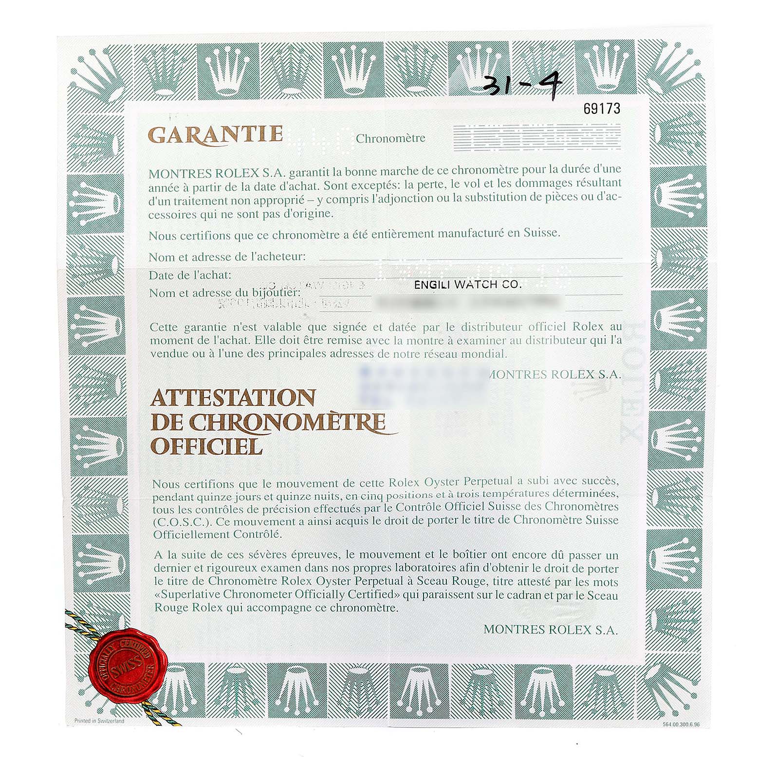 This image shows the official warranty certificate and chronometer attestation for a Rolex Datejust 69173 Women
s Steel and Gold (two tone) White Dial 69173 Women
s Steel and Gold (two tone) White Dial watch.