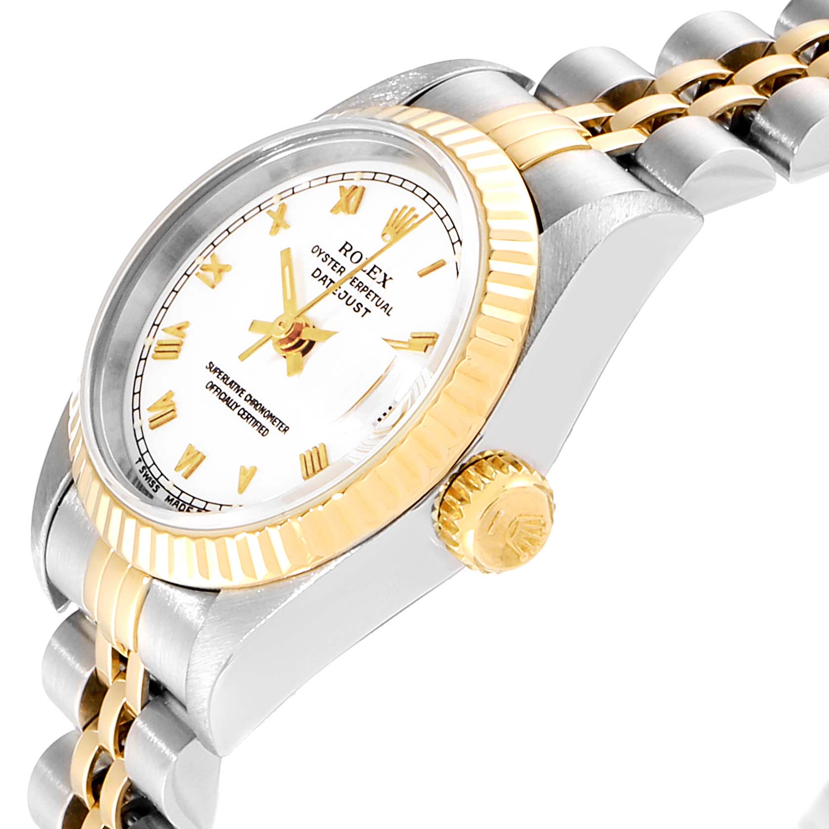 This image shows a side view of the Rolex Datejust 69173 Women
s Steel and Gold (two tone) White Dial 69173 Women
s Steel and Gold (two tone) White Dial watch, highlighting the crown, bezel, and part of the bracelet.