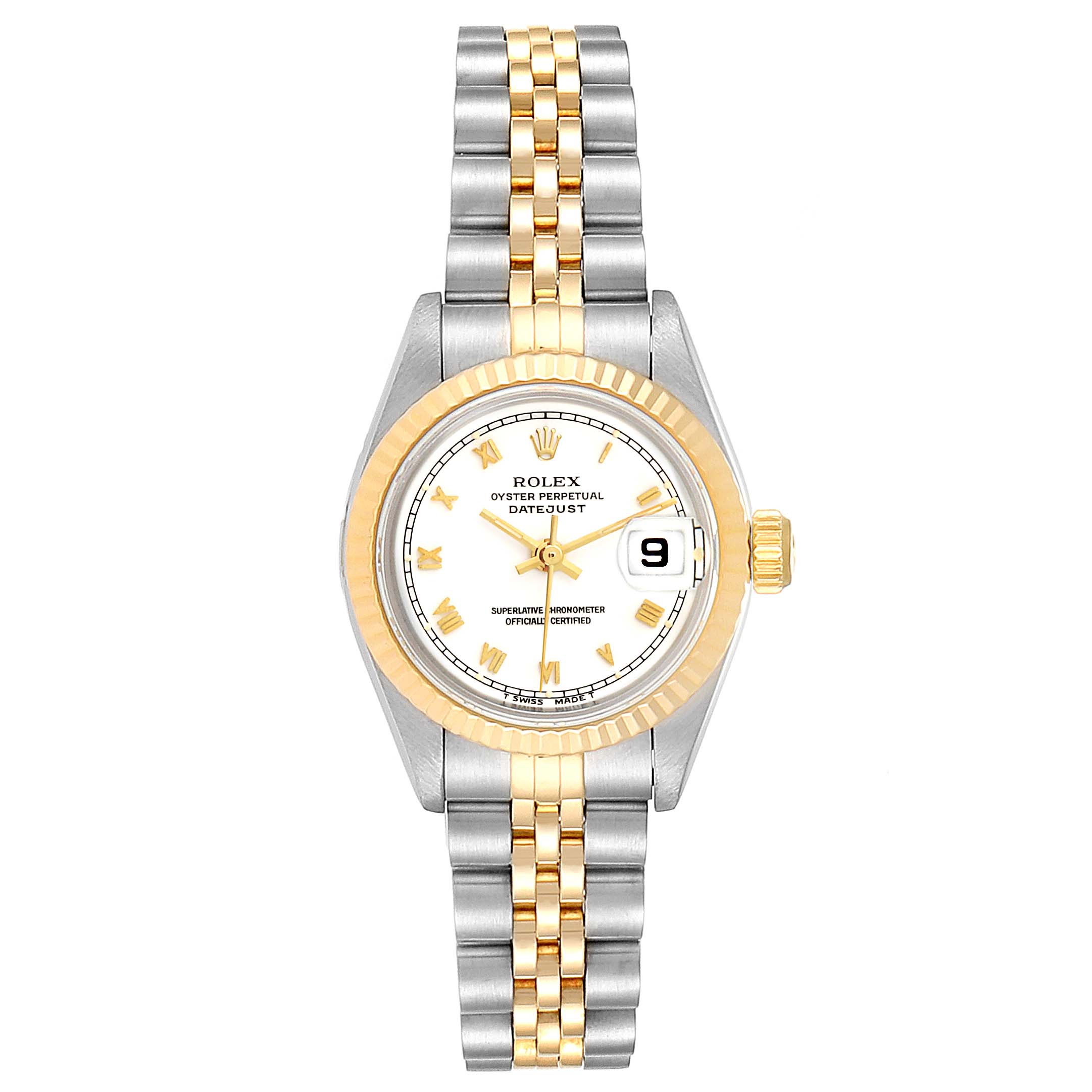 The Rolex Datejust 69173 Women
s Steel and Gold (two tone) White Dial 69173 Women
s Steel and Gold (two tone) White Dial is shown from a top-down angle, displaying its two-tone bracelet, fluted bezel, and date window.