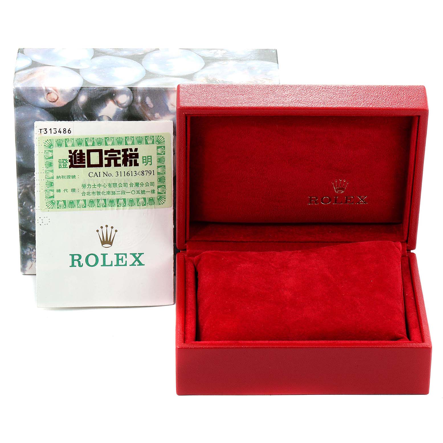 The image shows a Rolex Datejust 69173 Women
s Steel and Gold (two tone) White Dial 69173 Women
s Steel and Gold (two tone) White Dial watch box and paperwork with the lid open, revealing a red interior.