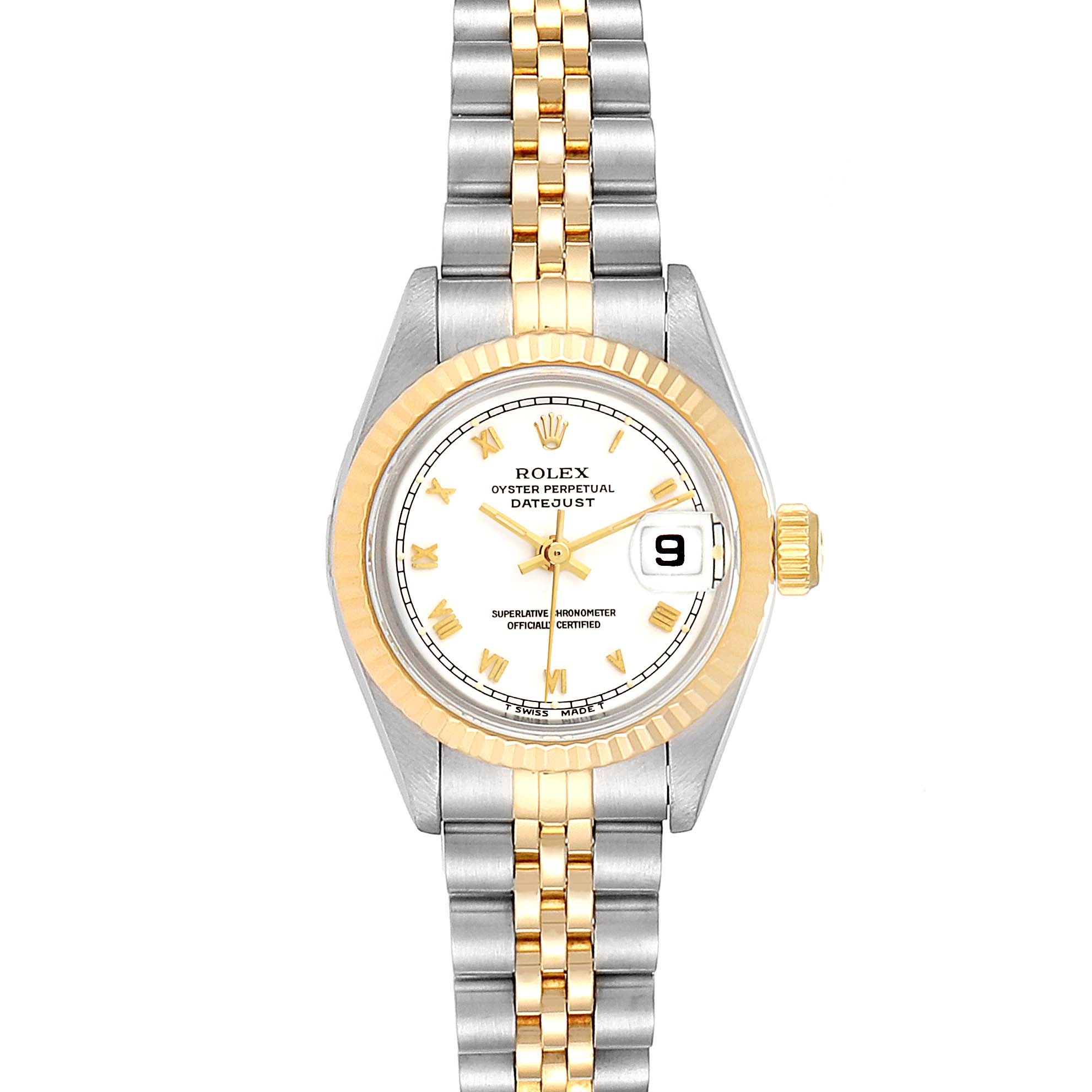The image shows a Rolex Datejust 69173 Women
s Steel and Gold (two tone) White Dial 69173 Women
s Steel and Gold (two tone) White Dial watch, captured from a top-down angle, highlighting the dial, bezel, and bracelet.