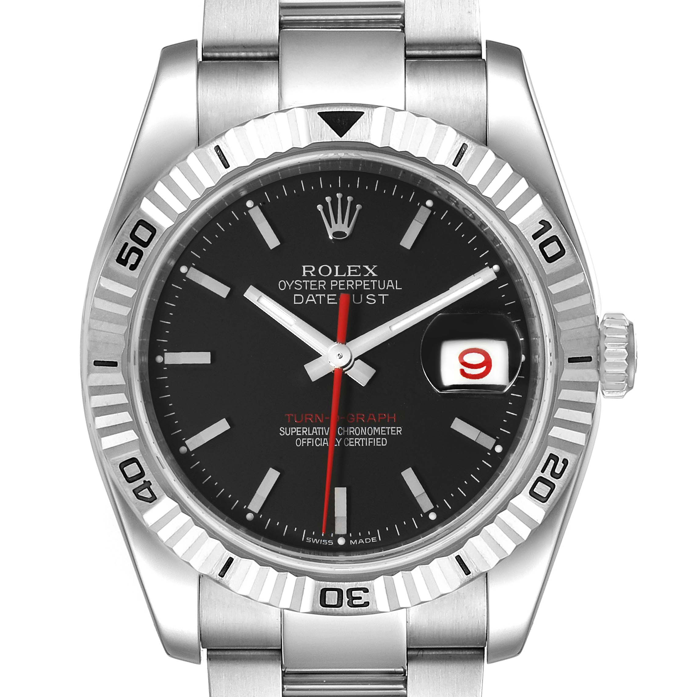 Front view of a Rolex Turn-o-Graph 116264 Men
s Stainless Steel Black Dial 116264 Men
s Stainless Steel Black Dial, showing the dial, bezel, crown, and part of the bracelet.
