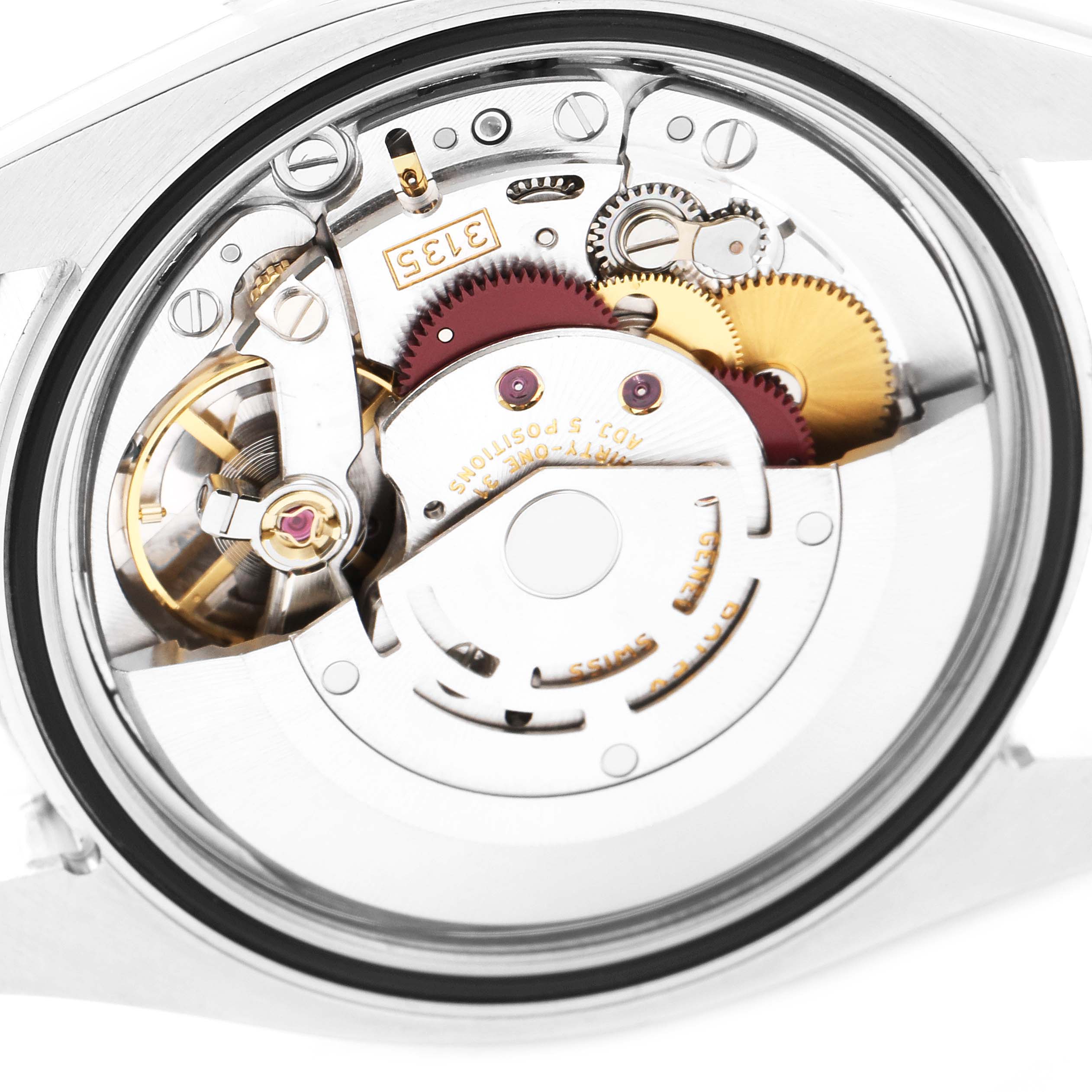 The image shows the internal movement and mechanical parts of a Rolex Turn-o-Graph 116264 Men
s Stainless Steel Black Dial 116264 Men
s Stainless Steel Black Dial watch from a close-up angle.